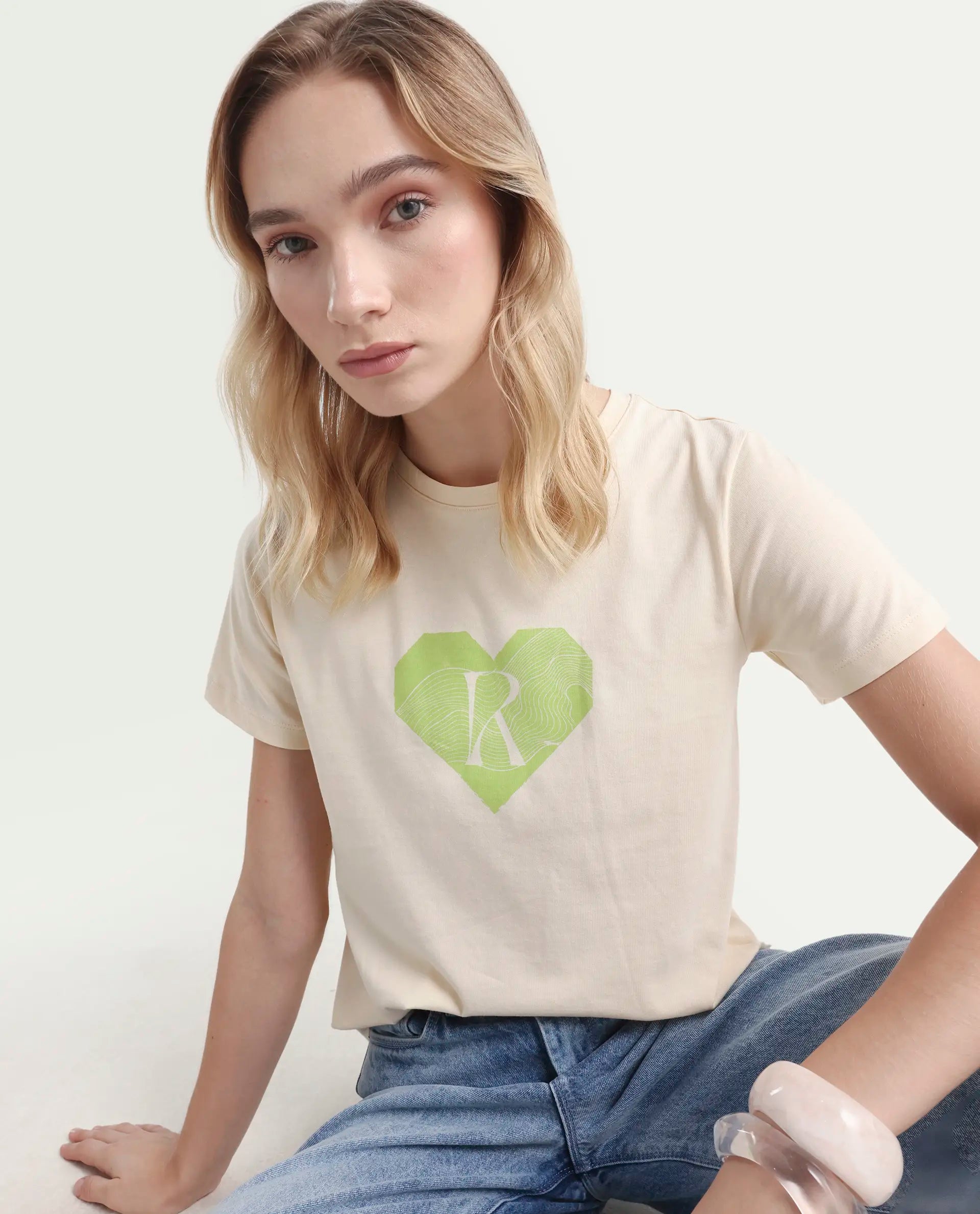 Rareism Women's Lee Light Beige Cotton Blend Crew Neck Graphic Print Regular Fit T-Shirt