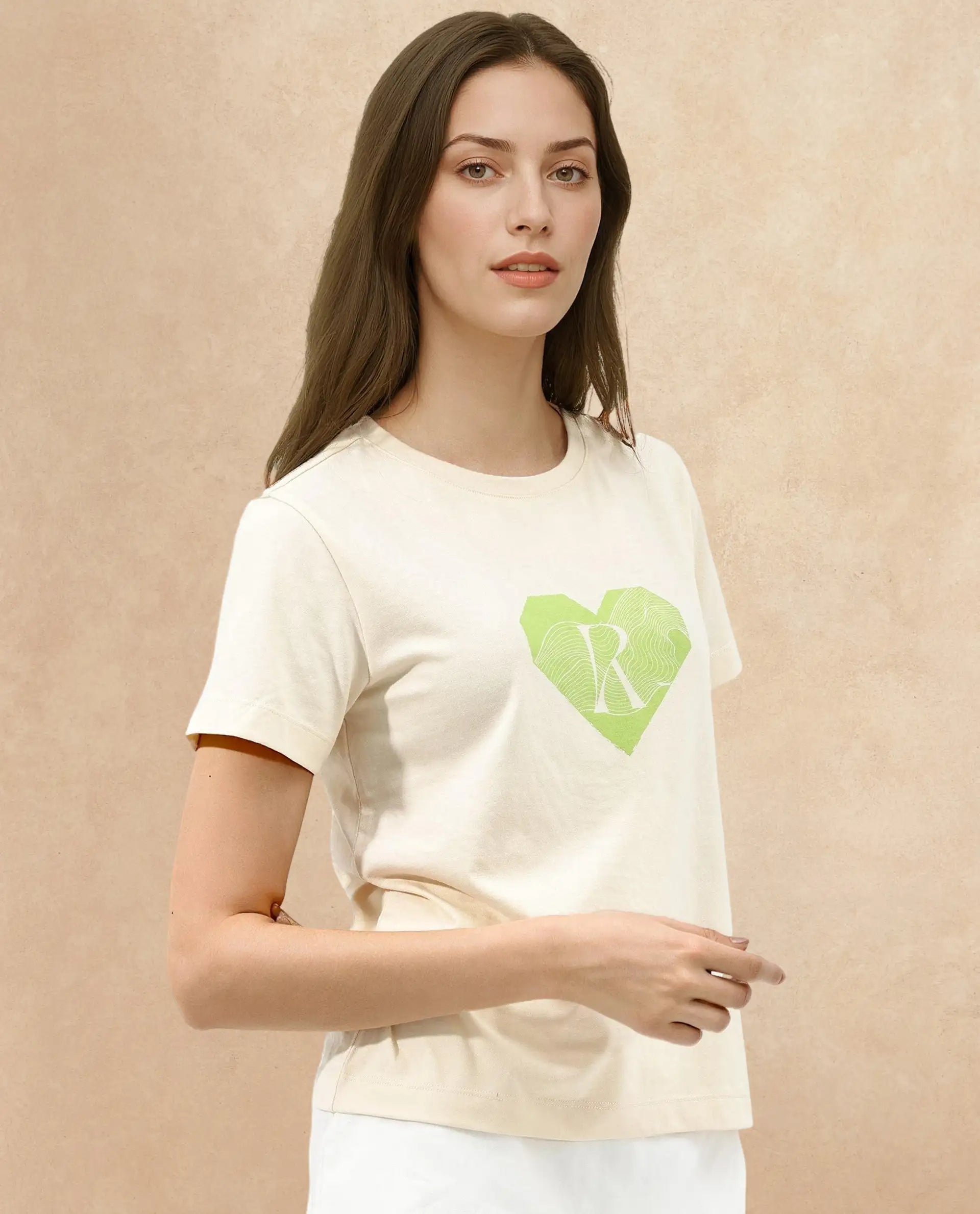 Rareism Women Lee Light Beige Cotton Poly Fabric Short Sleeve Crew Neck Solid T-Shirt