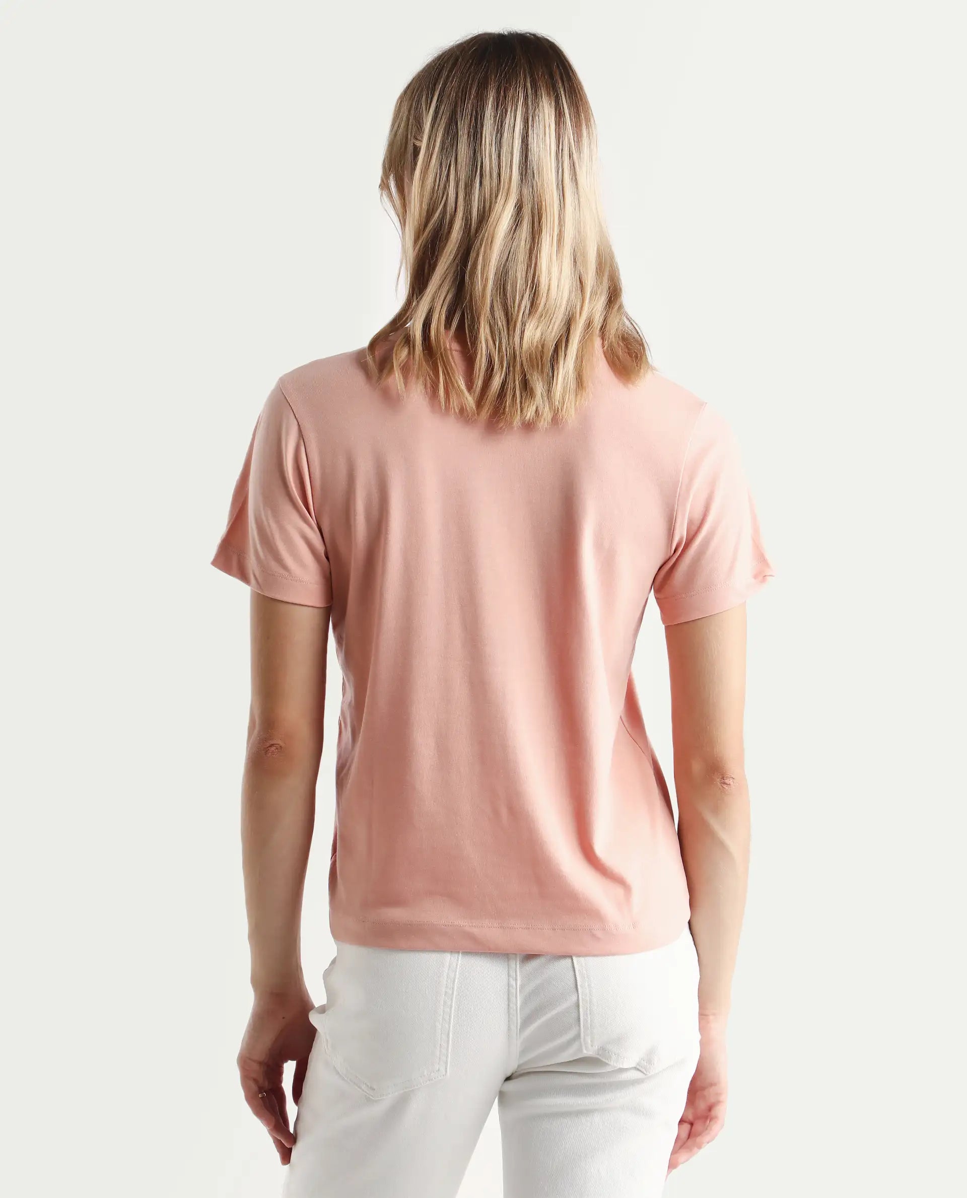 Rareism Women's Lee Light Peach Cotton Blend Crew Neck Graphic Print Regular Fit T-Shirt