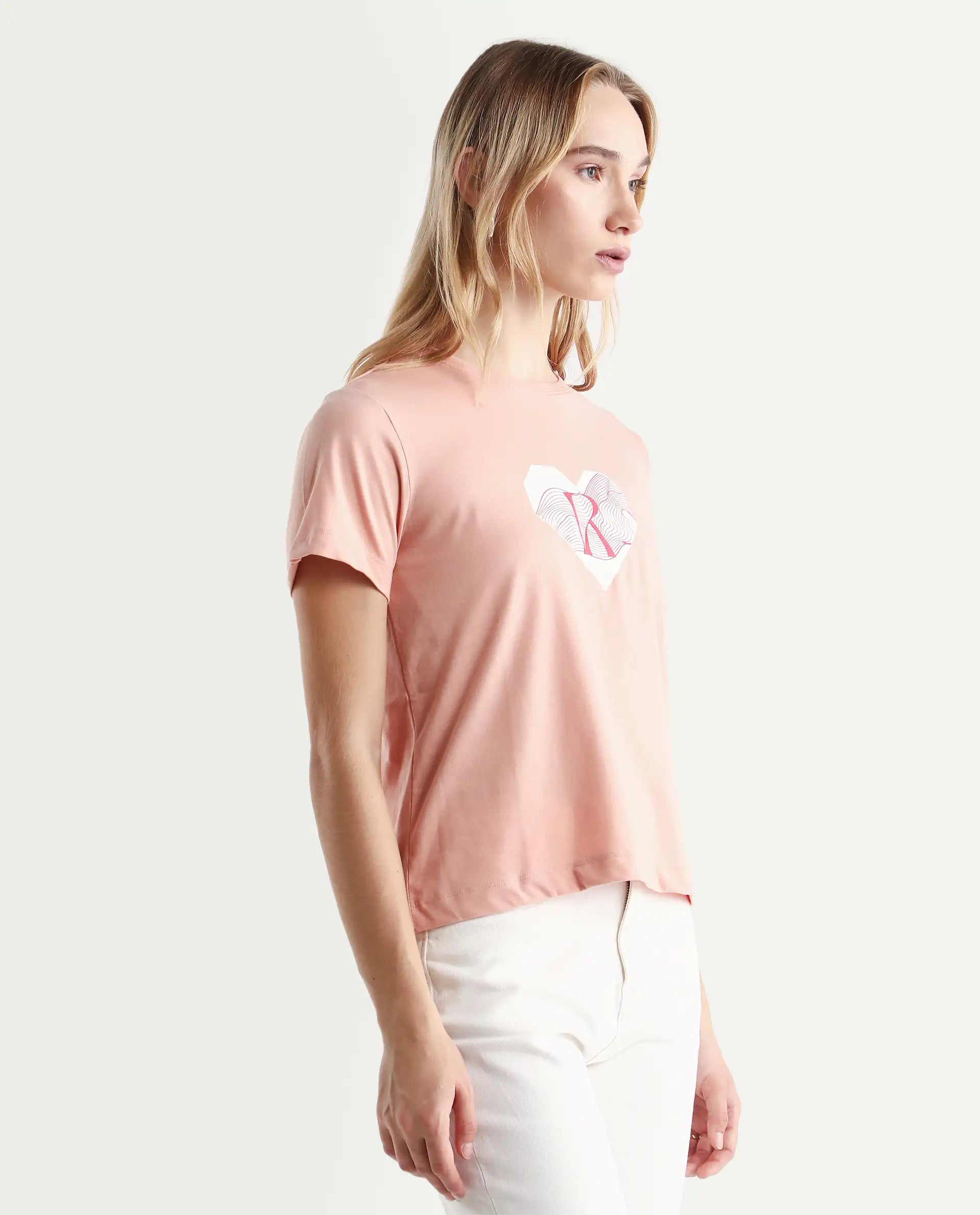 Rareism Women's Lee Light Peach Cotton Blend Crew Neck Graphic Print Regular Fit T-Shirt