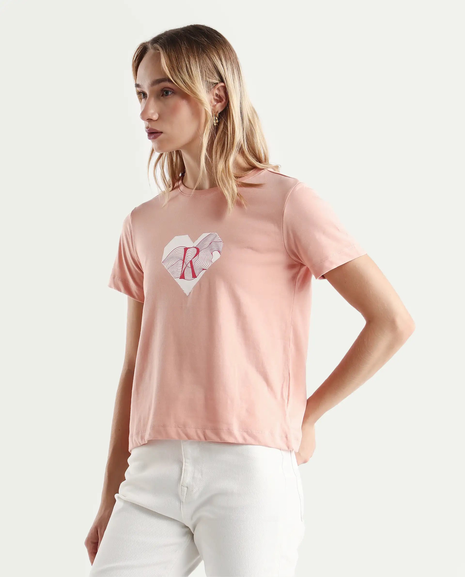 Rareism Women's Lee Light Peach Cotton Blend Crew Neck Graphic Print Regular Fit T-Shirt