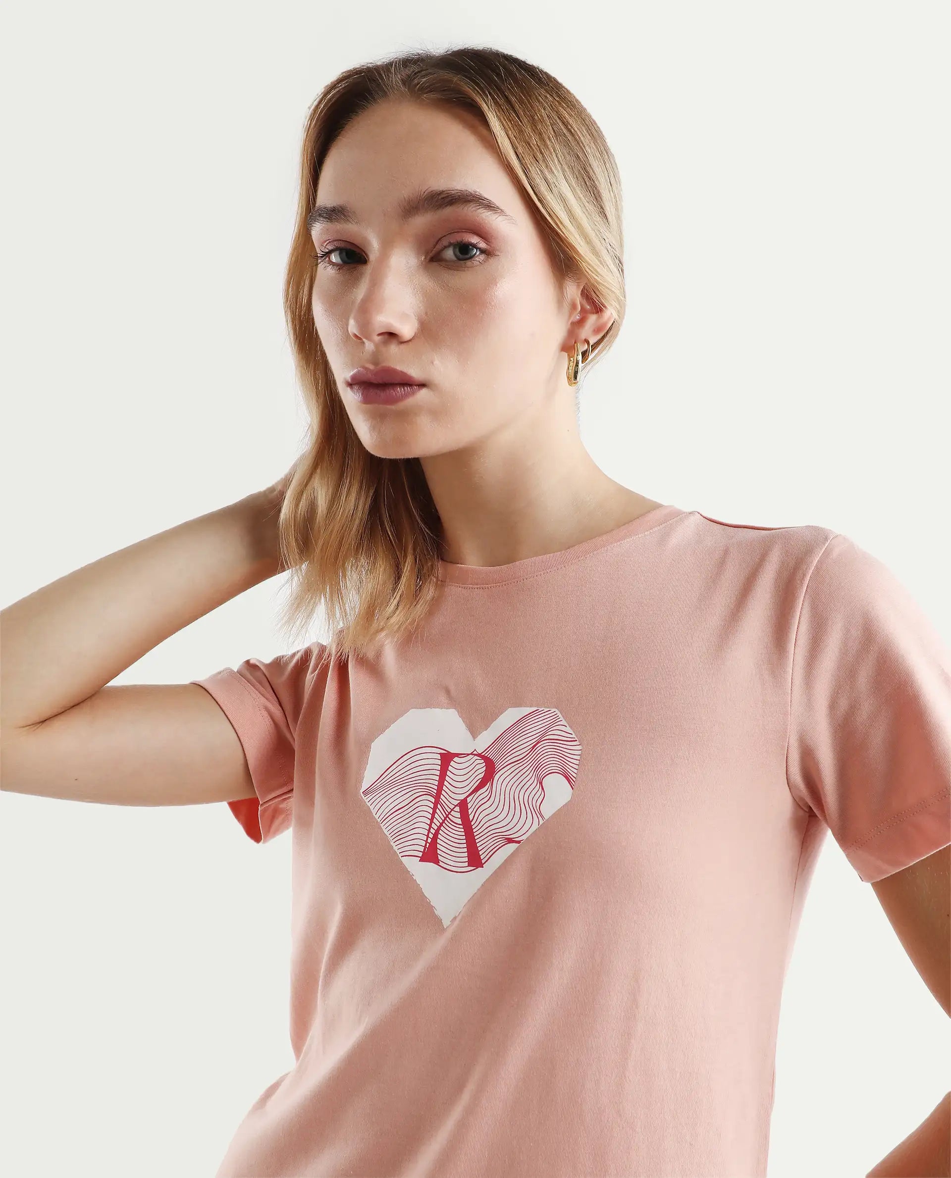 Rareism Women's Lee Light Peach Cotton Blend Crew Neck Graphic Print Regular Fit T-Shirt