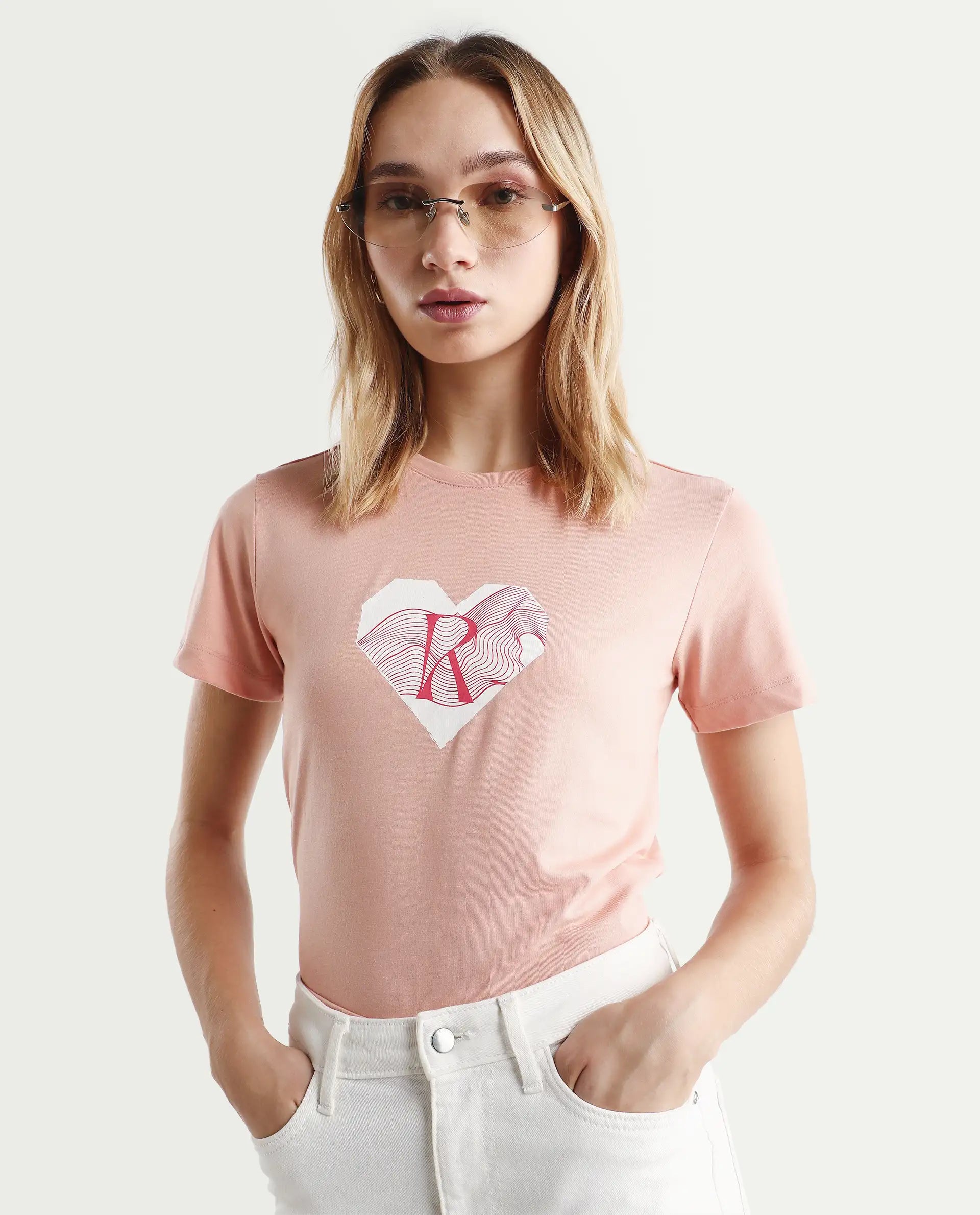 Rareism Women's Lee Light Peach Cotton Blend Crew Neck Graphic Print Regular Fit T-Shirt