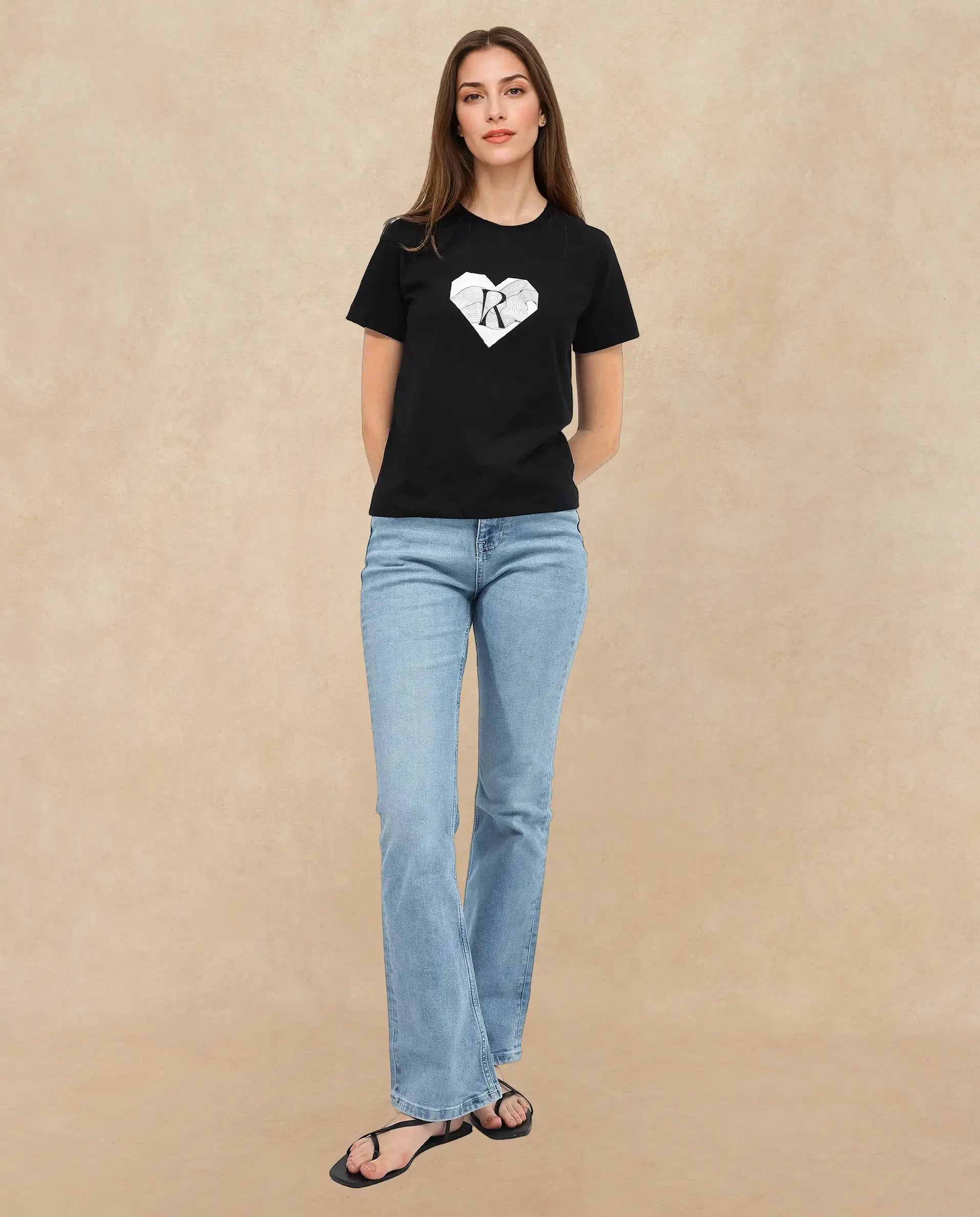 Rareism Women Lee Black Cotton Poly Fabric Short Sleeve Crew Neck Solid T-Shirt