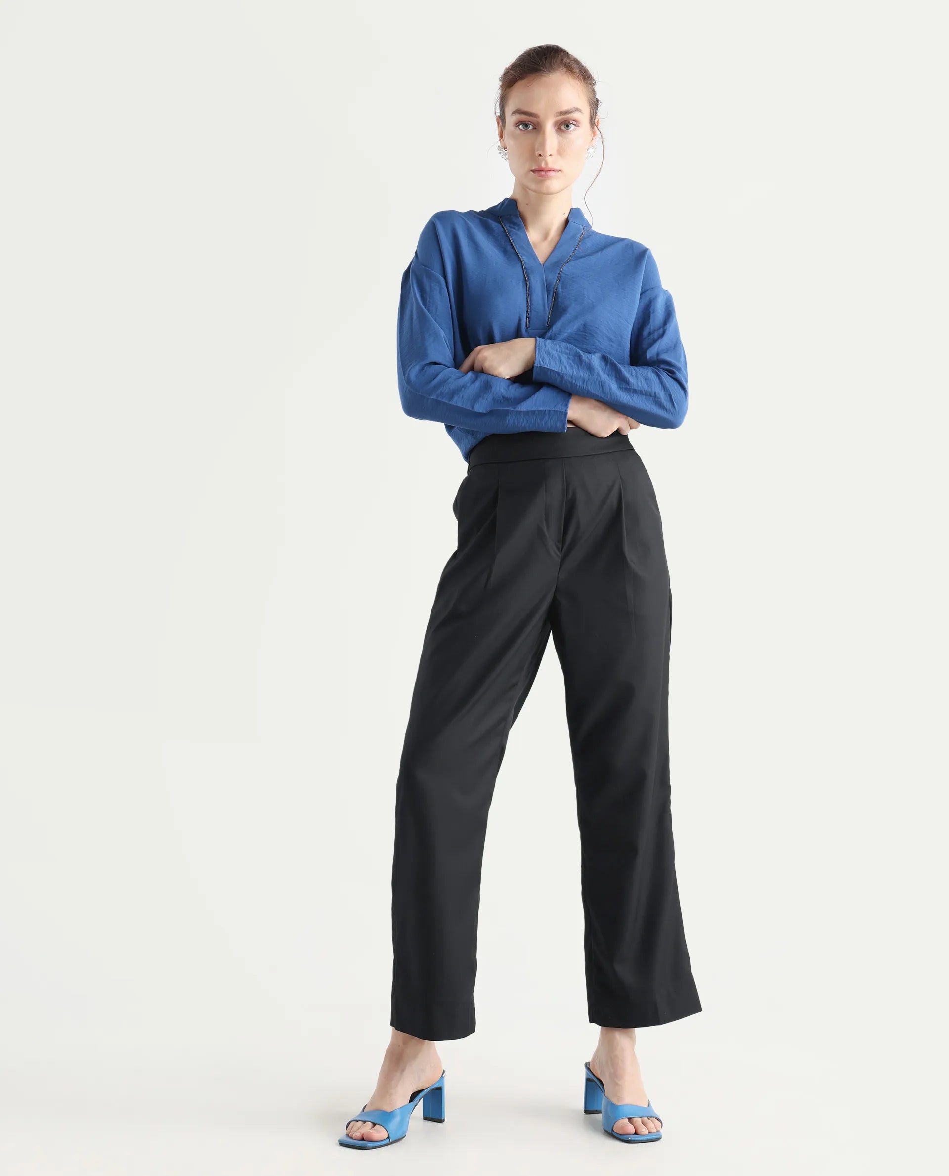 Rareism Women's Leezo Black Polyester Blend Plain Ankle Length Straight Fit Trouser