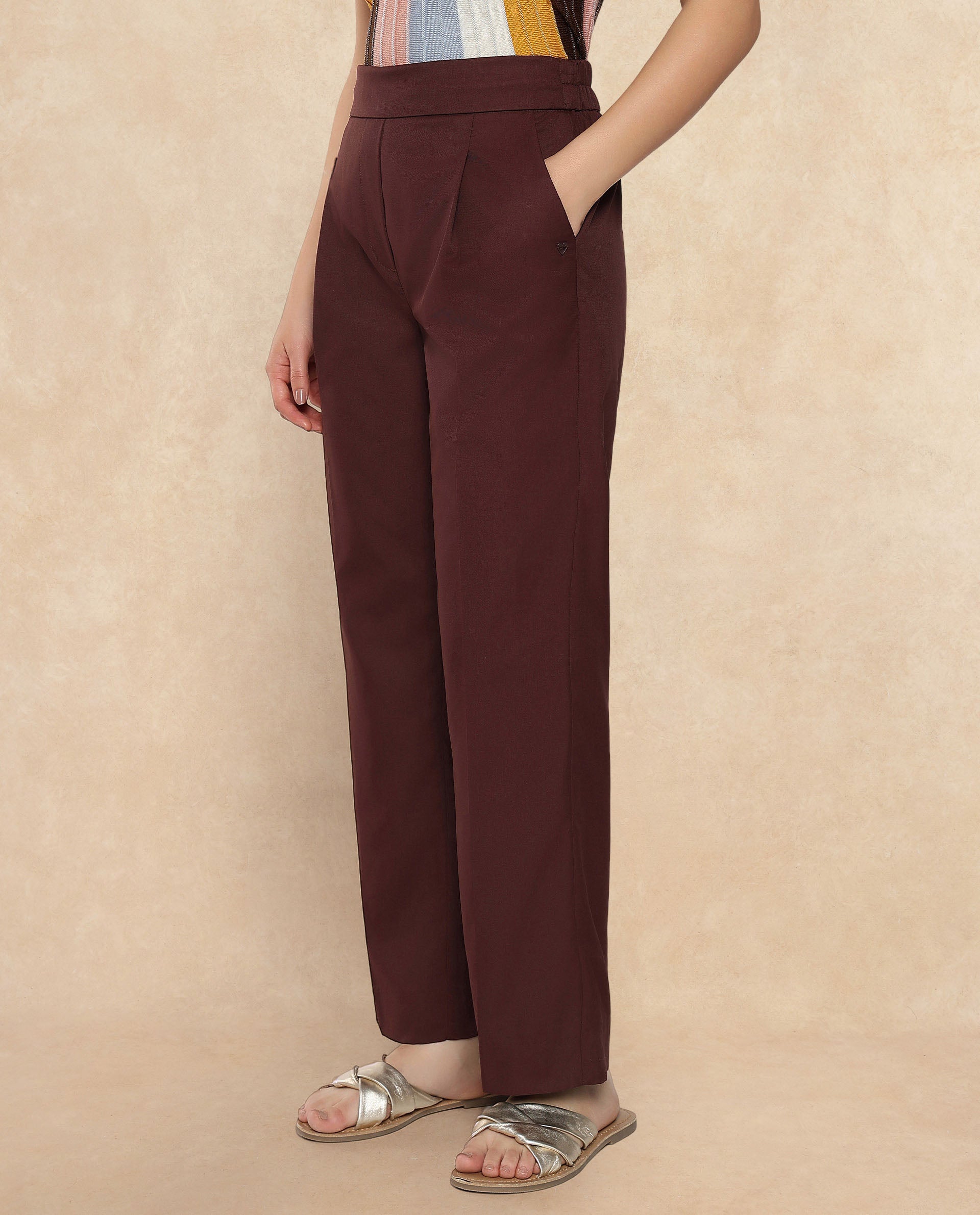 Rareism Women Leezo Brown Tie Up Closure Straight Fit Ankle Length Plain Trouser