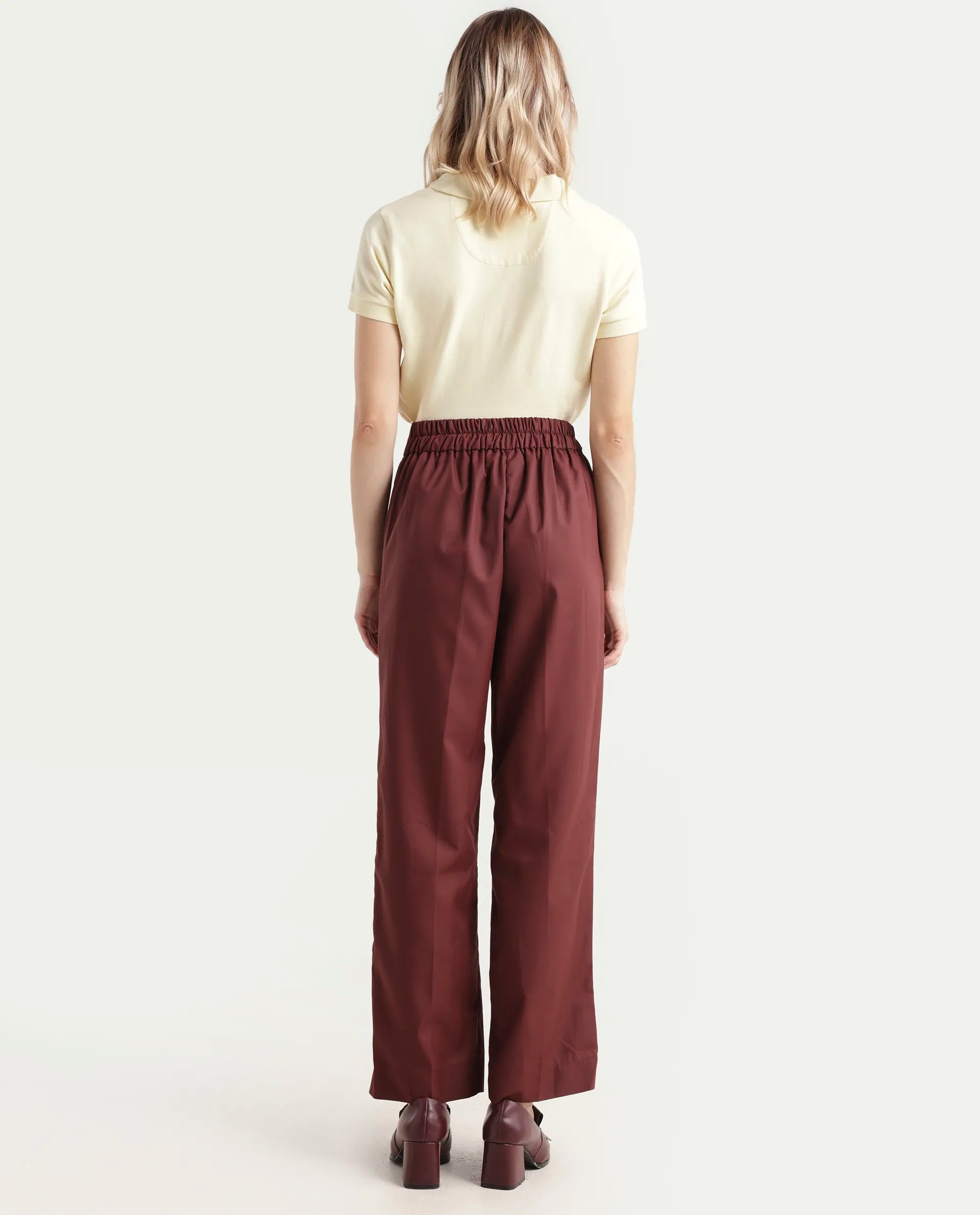 Rareism Women's Leezo Brown Polyester Blend Plain Ankle Length Straight Fit Trouser