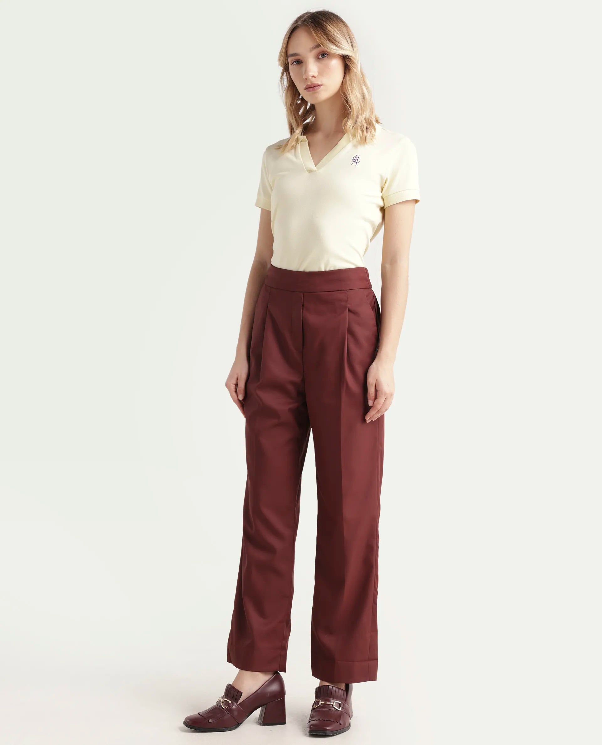 Rareism Women's Leezo Brown Polyester Blend Plain Ankle Length Straight Fit Trouser