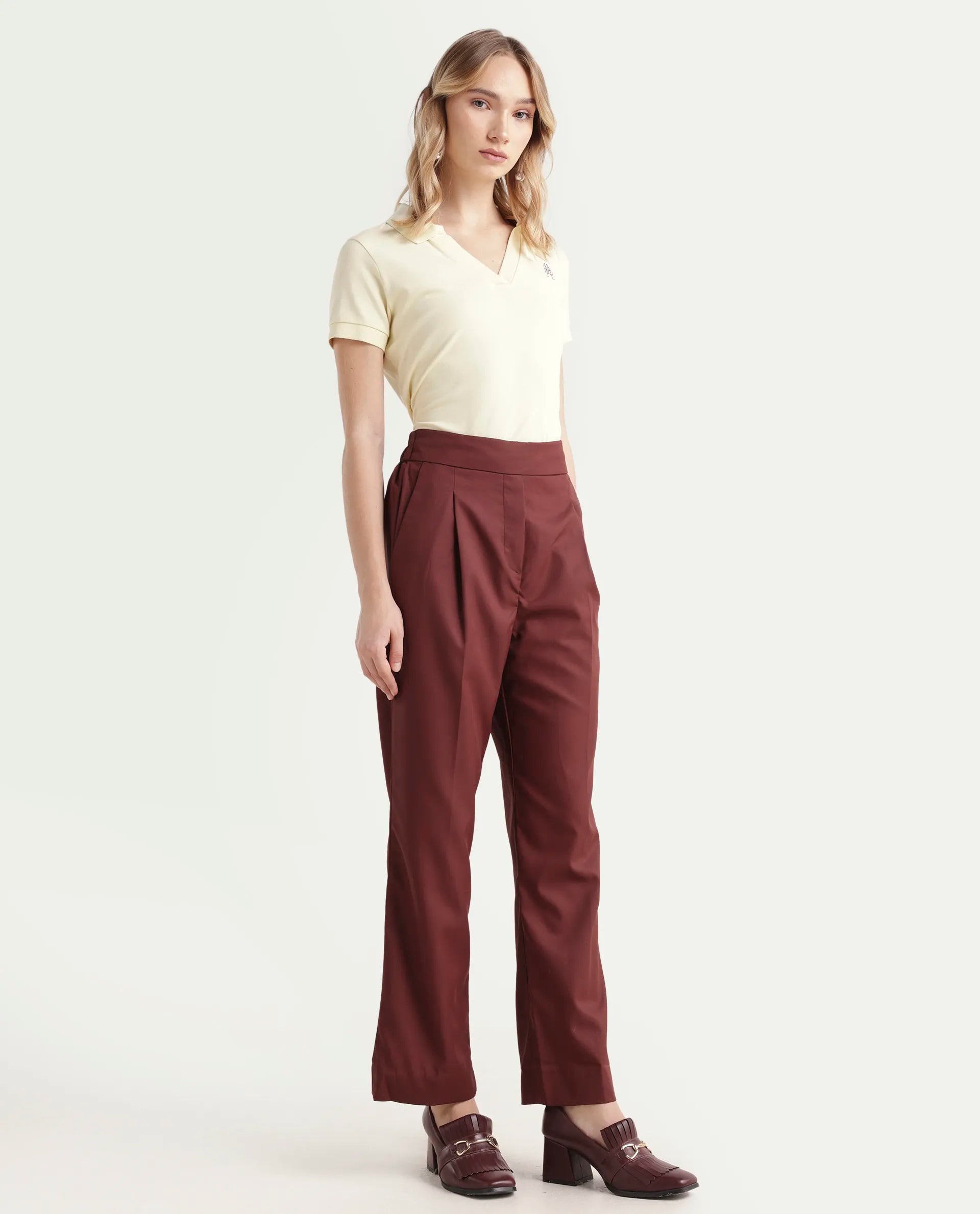 Rareism Women's Leezo Brown Polyester Blend Plain Ankle Length Straight Fit Trouser