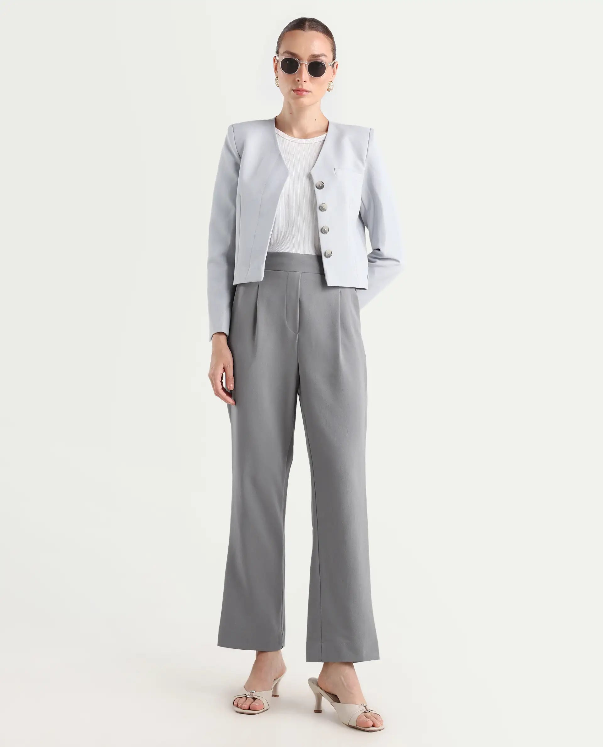 Rareism Women's Leezo Grey Polyester Blend Plain Ankle Length Straight Fit Trouser