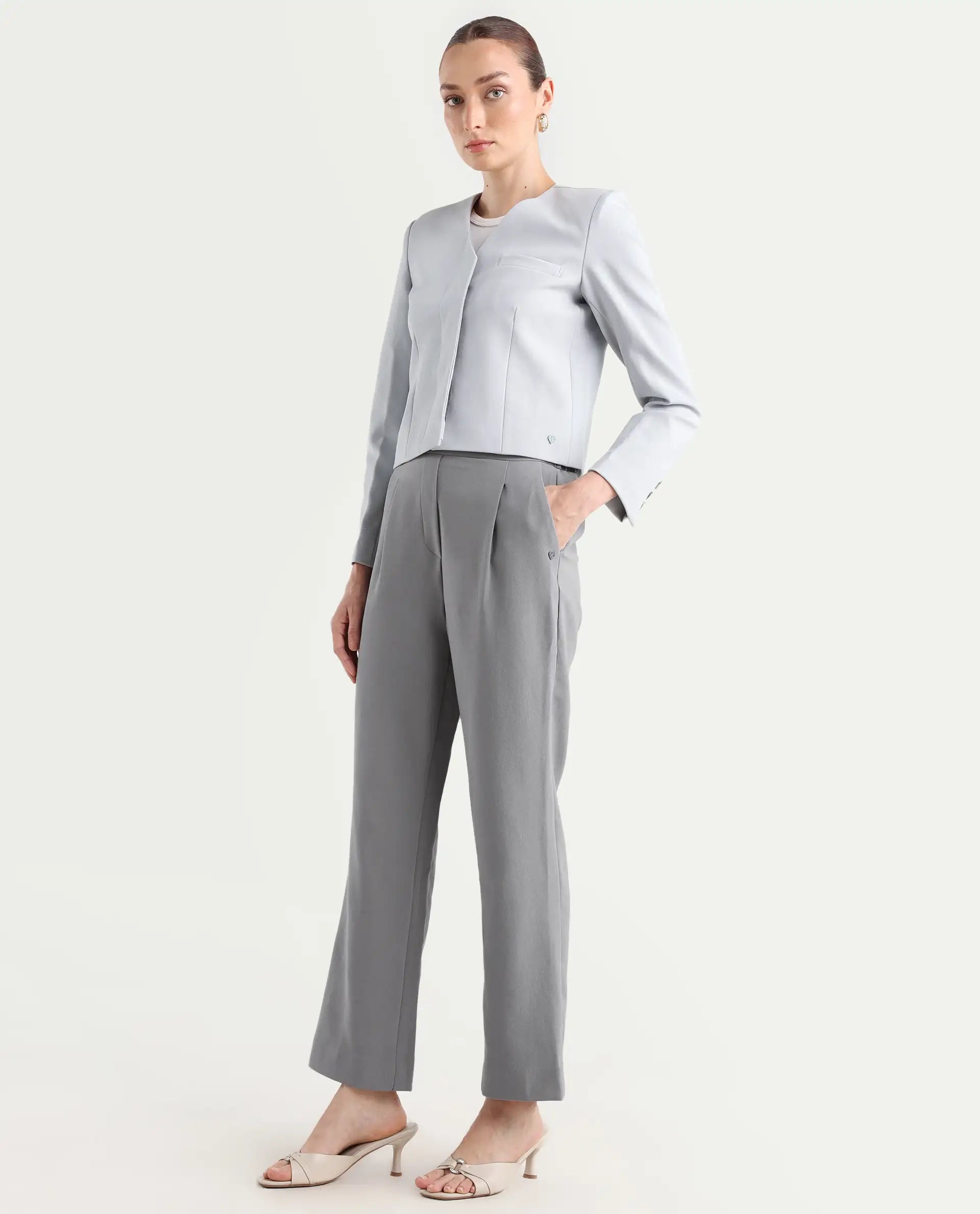 Rareism Women's Leezo Grey Polyester Blend Plain Ankle Length Straight Fit Trouser
