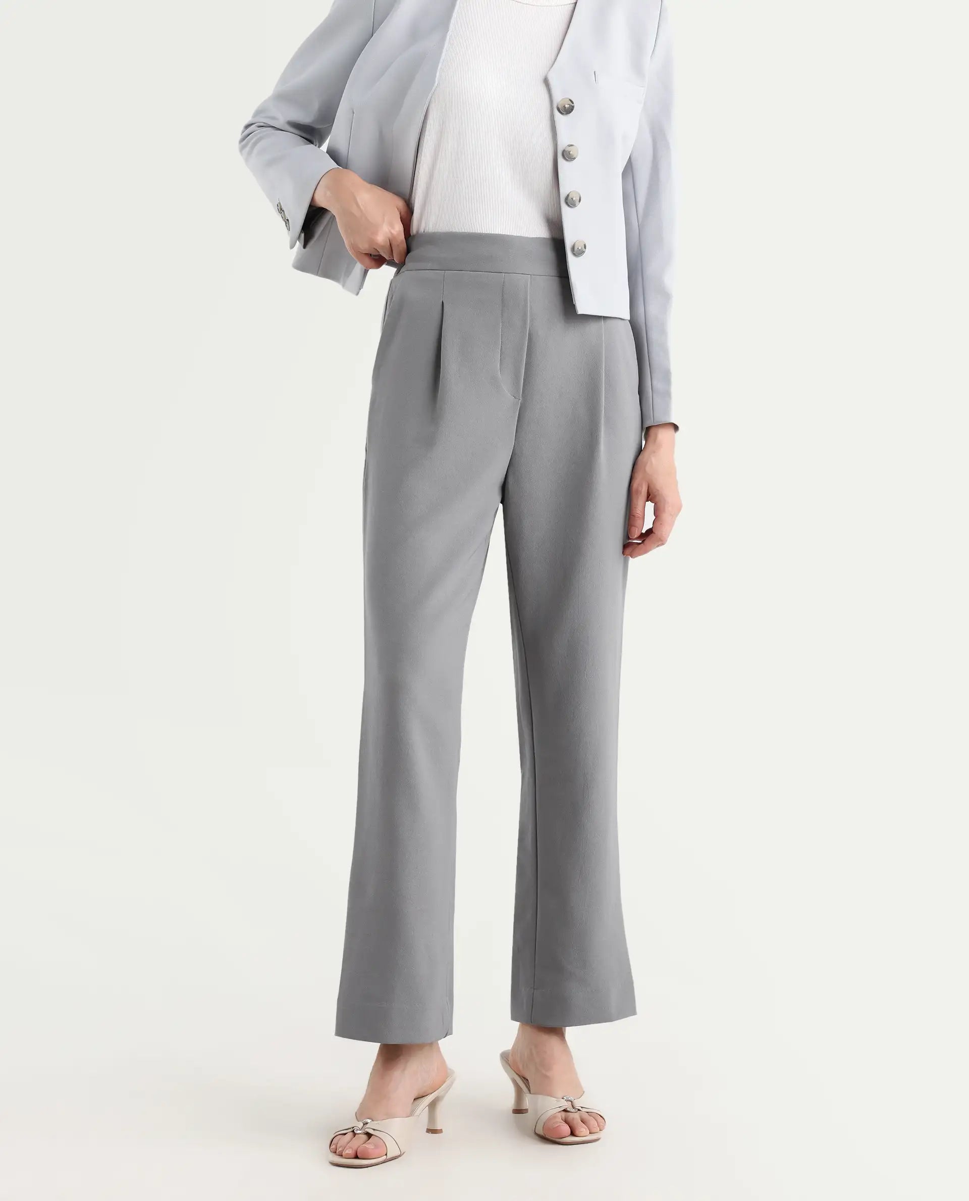 Rareism Women's Leezo Grey Polyester Blend Plain Ankle Length Straight Fit Trouser