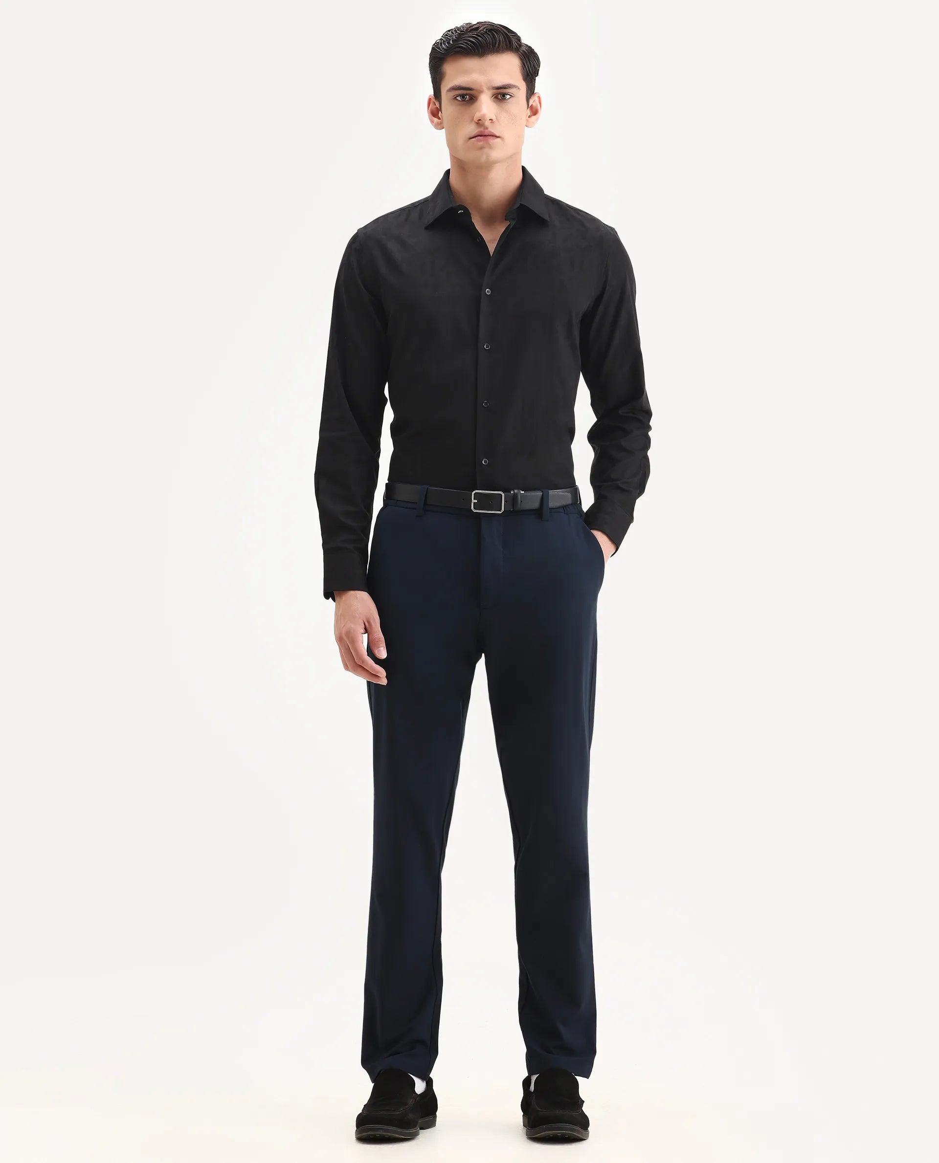 Rare Rabbit Men's Leffy-25 Black Cotton Spread Collar Regular Fit Jacquard Shirt