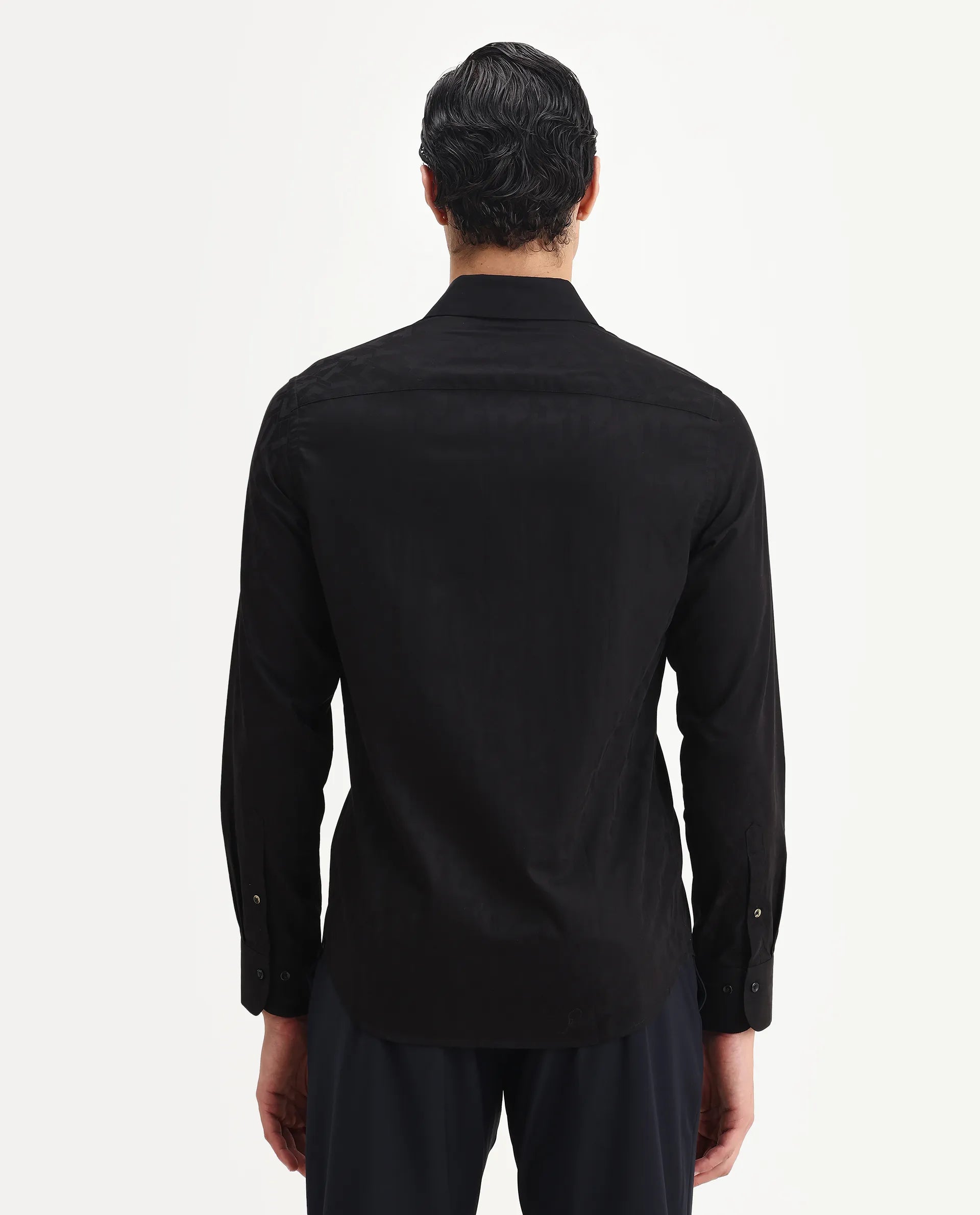 Rare Rabbit Men's Leffy Black Cotton Jacquard Regular Fit Full Sleeve Collared Shirt