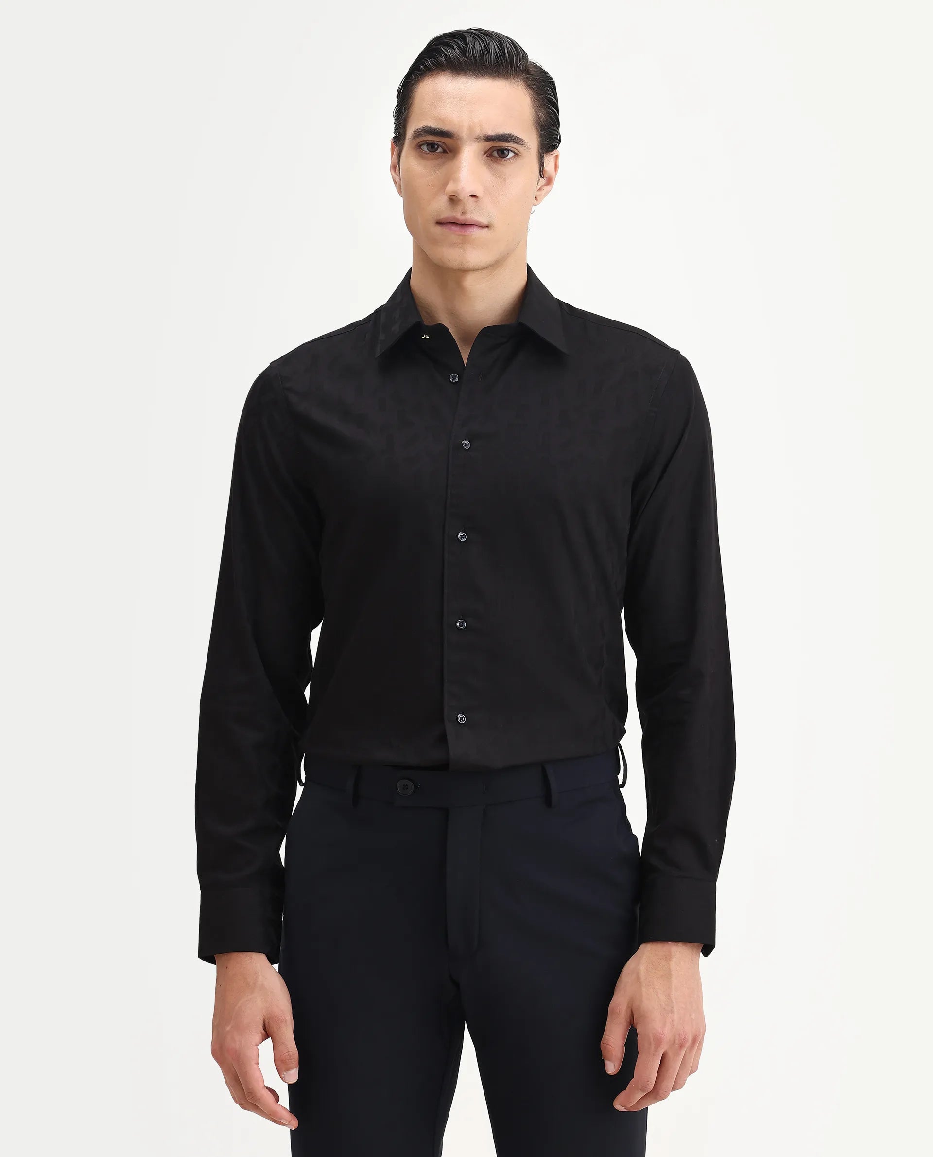 Rare Rabbit Men's Leffy Black Cotton Jacquard Regular Fit Full Sleeve Collared Shirt