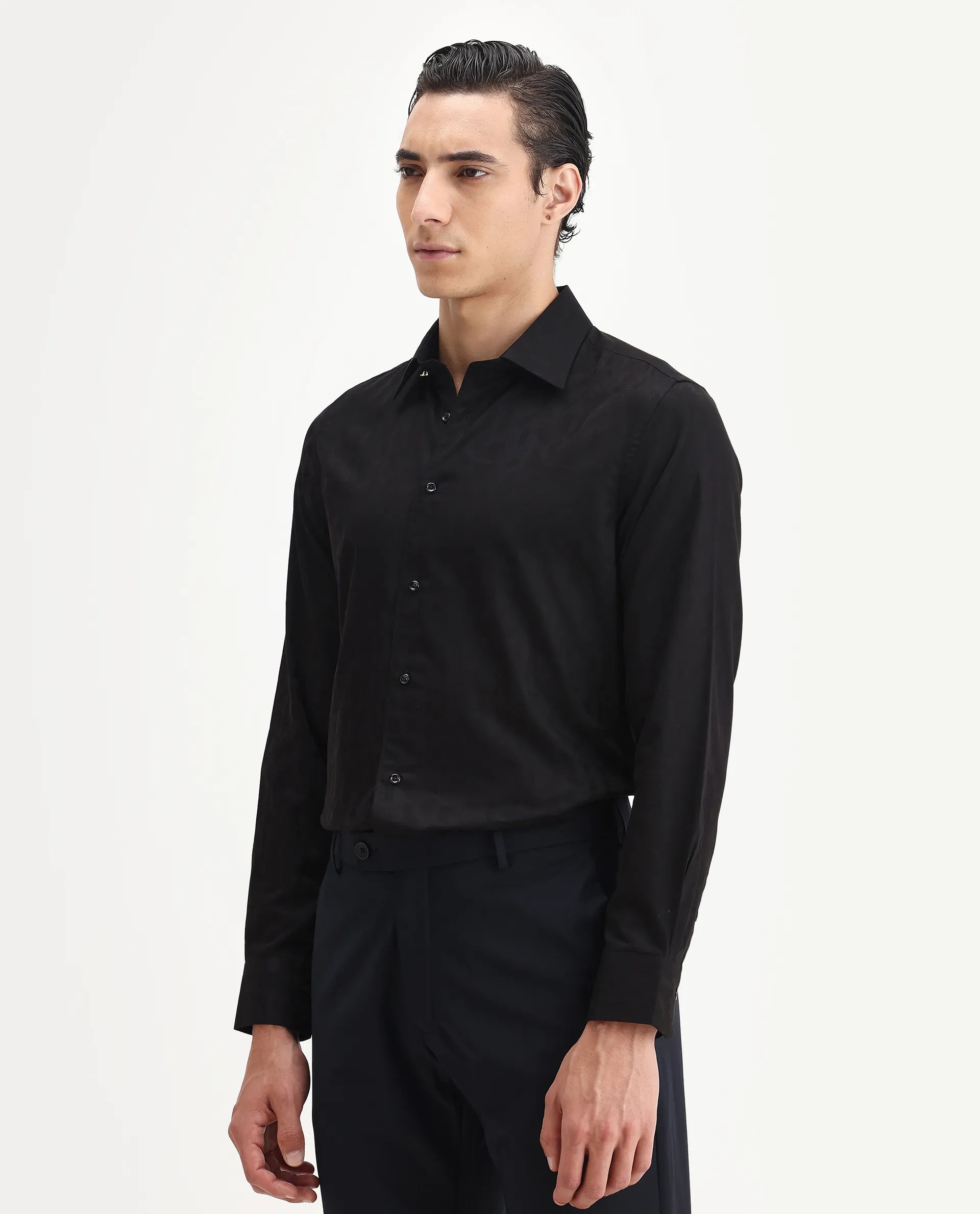 Rare Rabbit Men's Leffy Black Cotton Jacquard Regular Fit Full Sleeve Collared Shirt