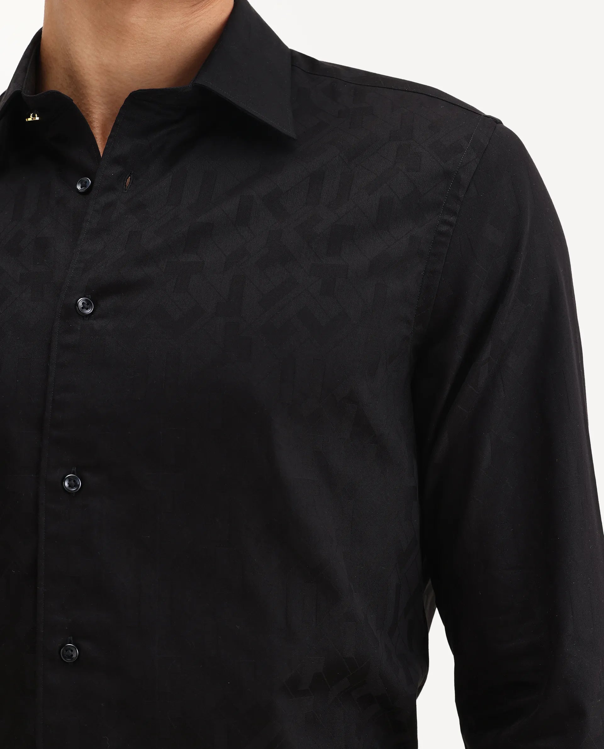 Rare Rabbit Men's Leffy Black Cotton Jacquard Regular Fit Full Sleeve Collared Shirt