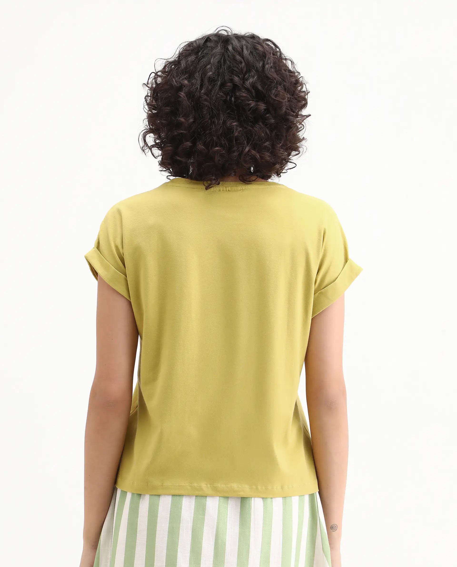 Rareism Women's Lefo Flouroscent Green Cotton Blend Crew Neck Graphic Print Extended Sleeves Relaxed Fit T-Shirt