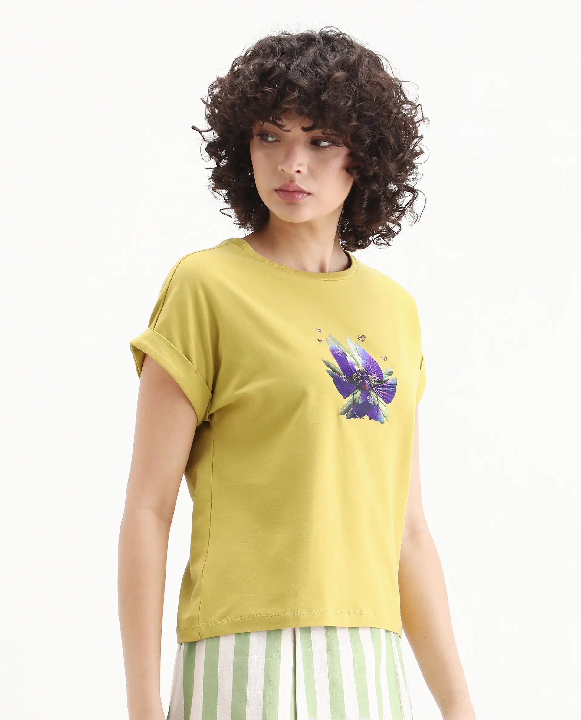 Rareism Women's Lefo Flouroscent Green Cotton Blend Crew Neck Graphic Print Extended Sleeves Relaxed Fit T-Shirt