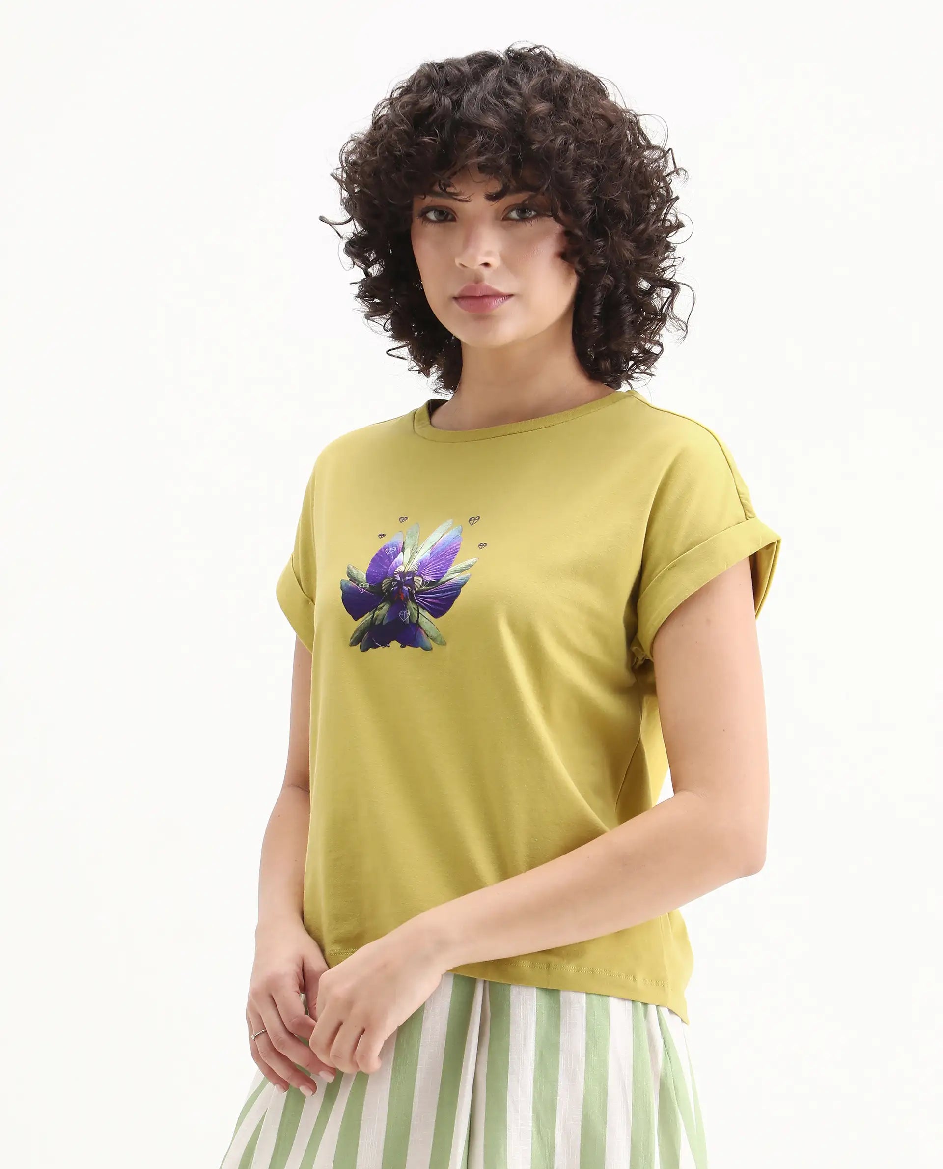 Rareism Women's Lefo Flouroscent Green Cotton Blend Crew Neck Graphic Print Extended Sleeves Relaxed Fit T-Shirt