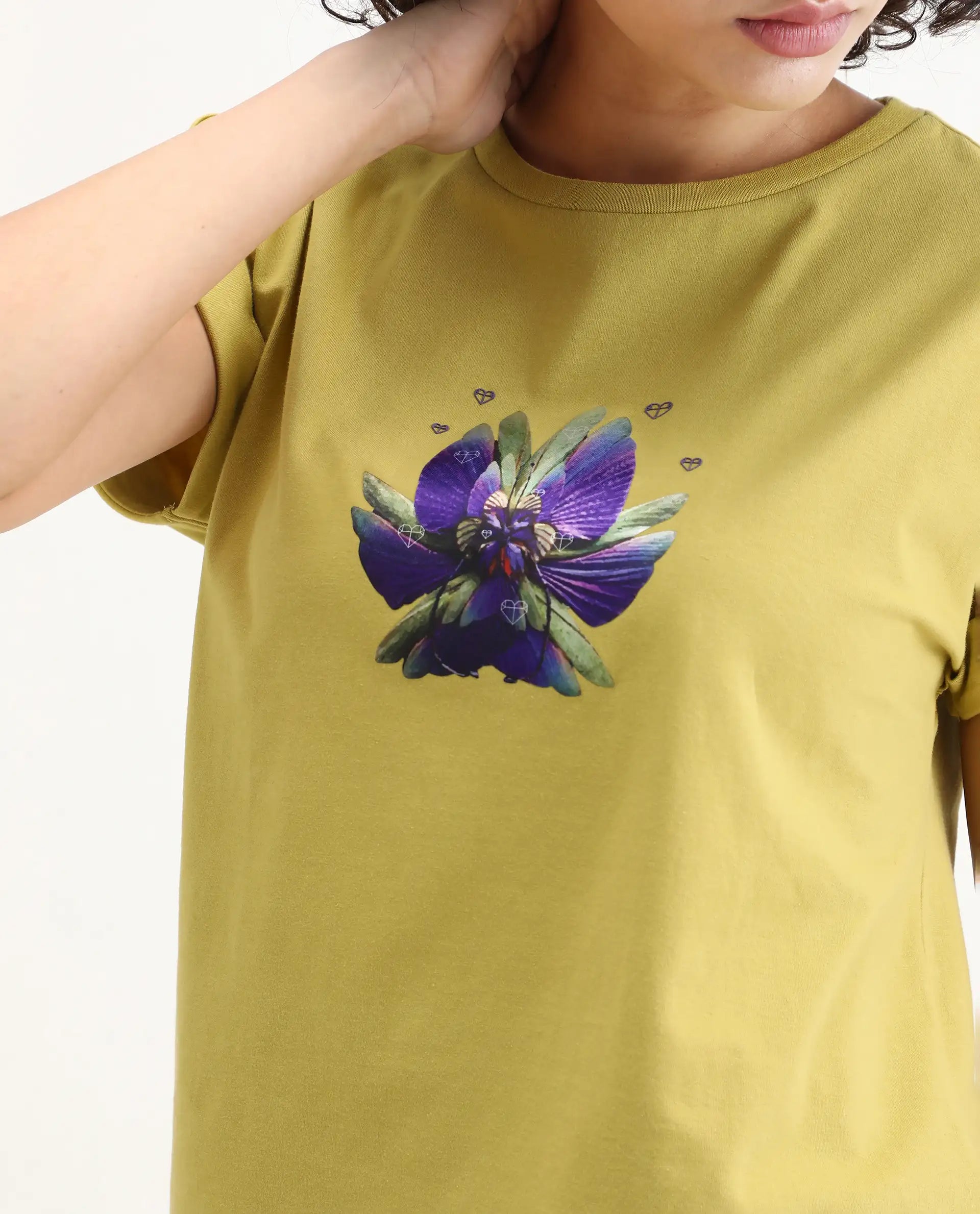 Rareism Women's Lefo Flouroscent Green Cotton Blend Crew Neck Graphic Print Extended Sleeves Relaxed Fit T-Shirt