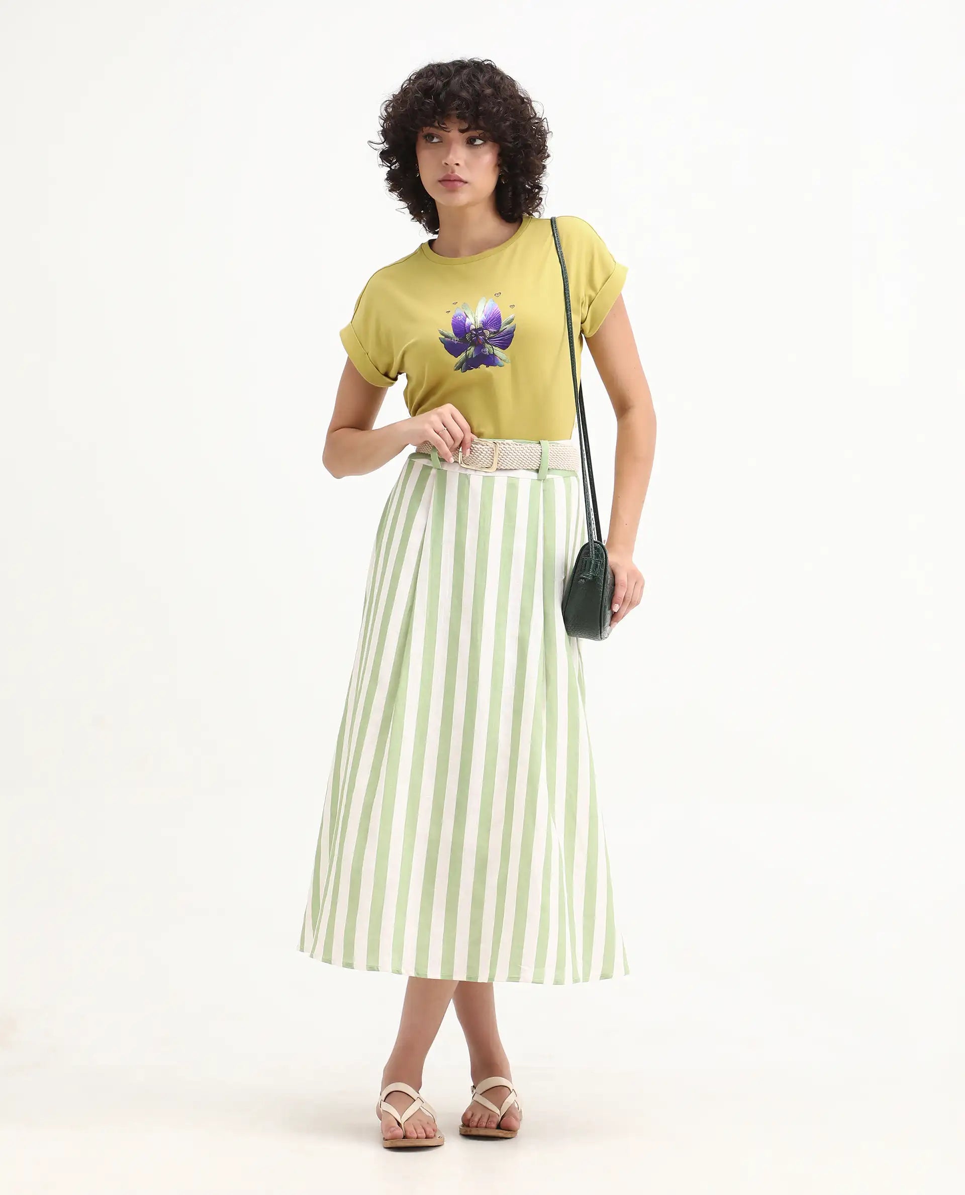 Rareism Women's Lefo Flouroscent Green Cotton Blend Crew Neck Graphic Print Extended Sleeves Relaxed Fit T-Shirt