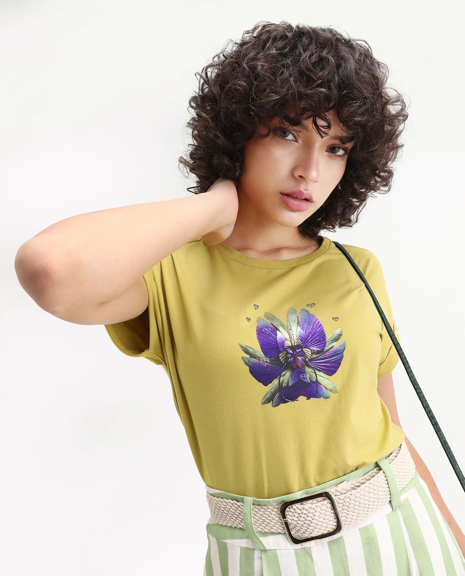 Rareism Women's Lefo Flouroscent Green Cotton Blend Crew Neck Graphic Print Extended Sleeves Relaxed Fit T-Shirt