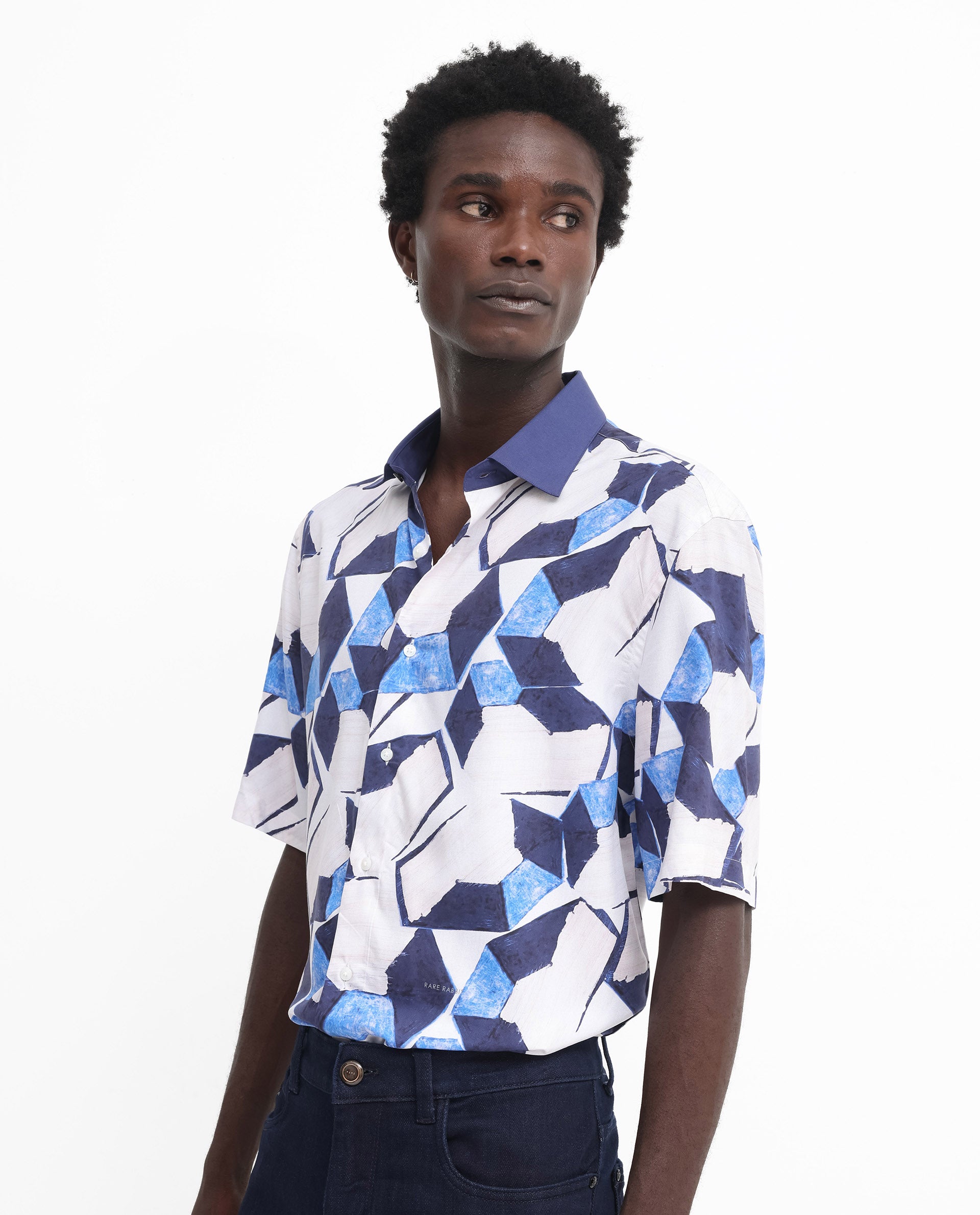 Rare Rabbit Men's Lego Off White Viscose Fabric Short Sleeve Boxy Fit Abstract Print Shirt