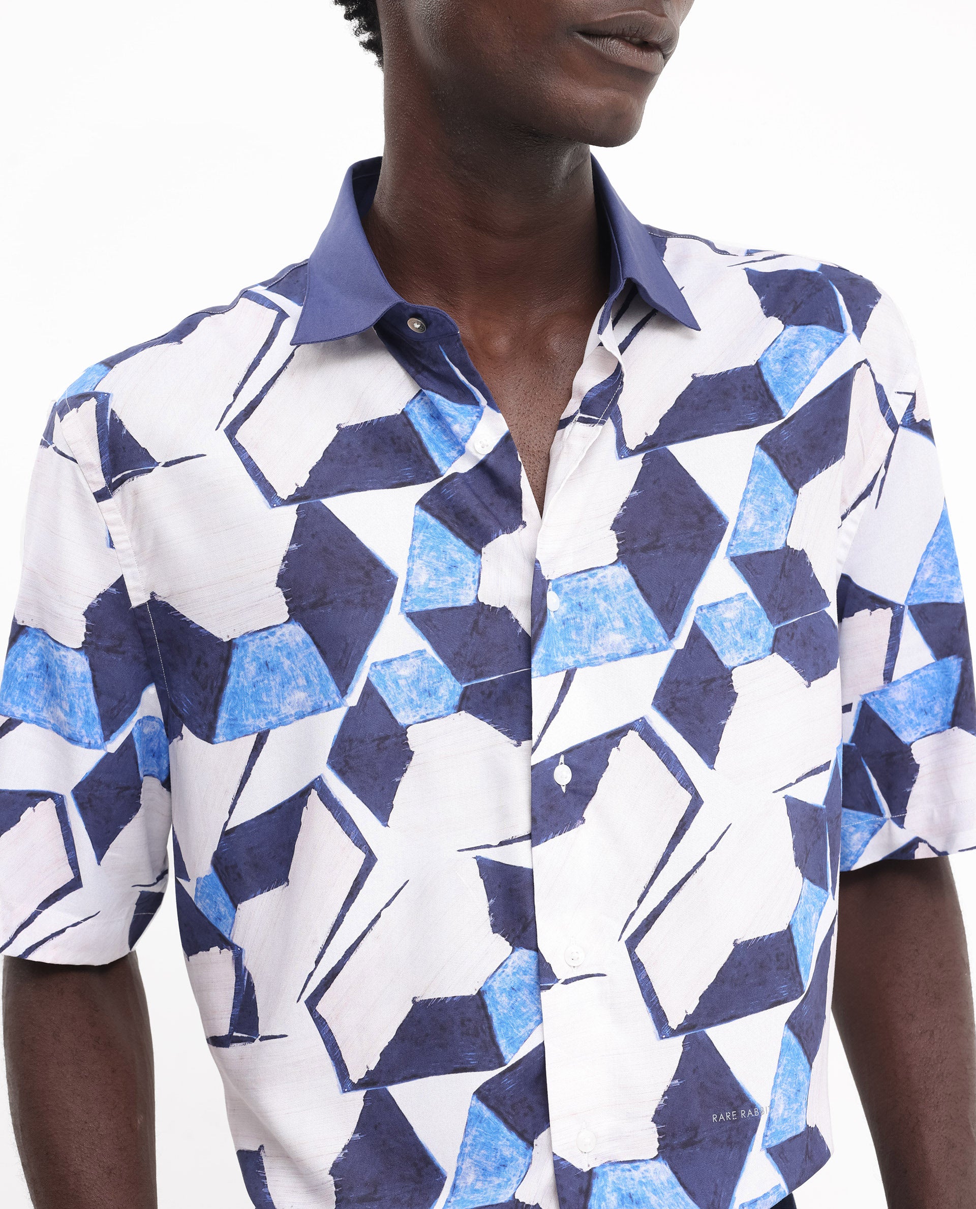 Rare Rabbit Men's Lego Off White Viscose Fabric Short Sleeve Boxy Fit Abstract Print Shirt