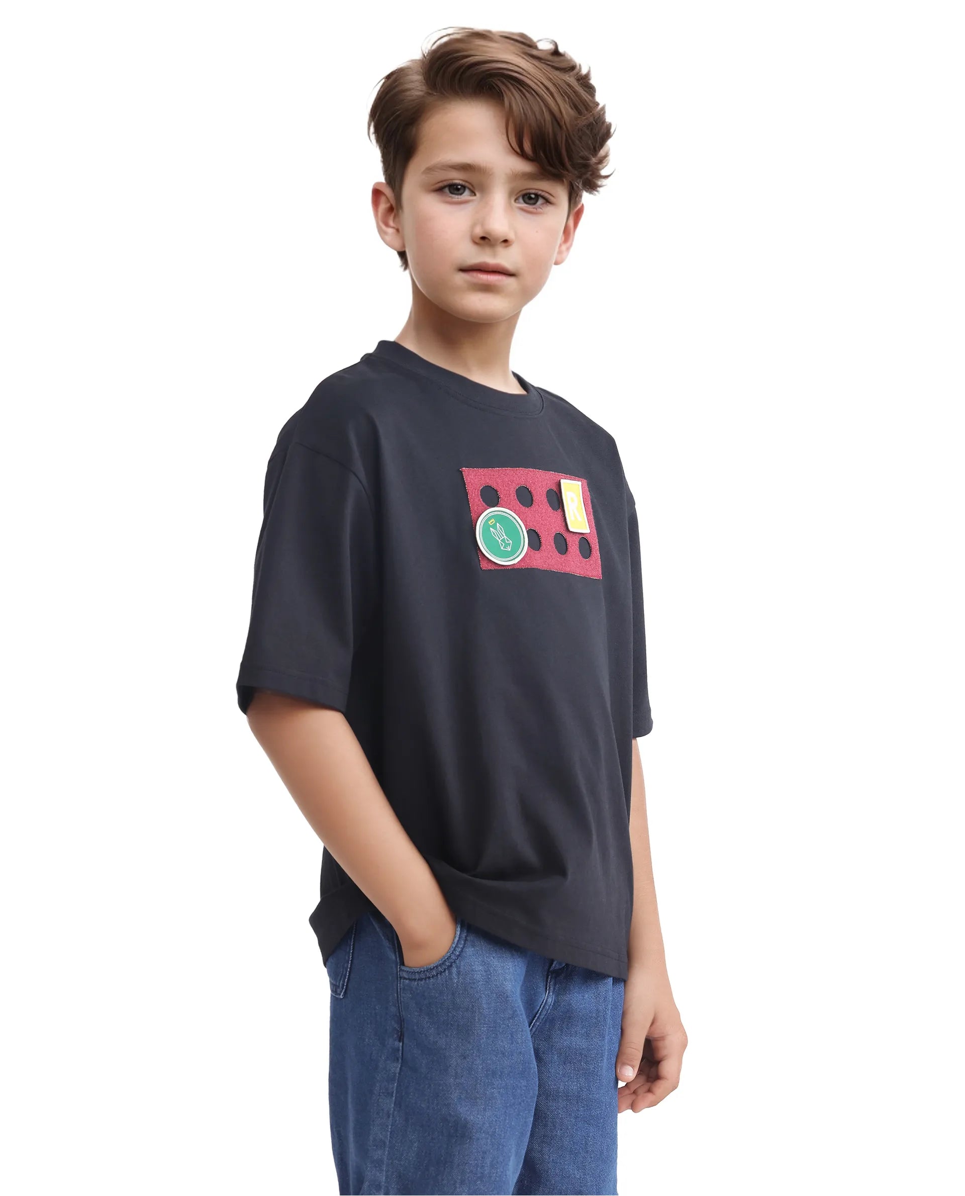 Rare Ones Kids Legun Black Cotton Short Sleeve Crew Neck Boxy Solid T-Shirt