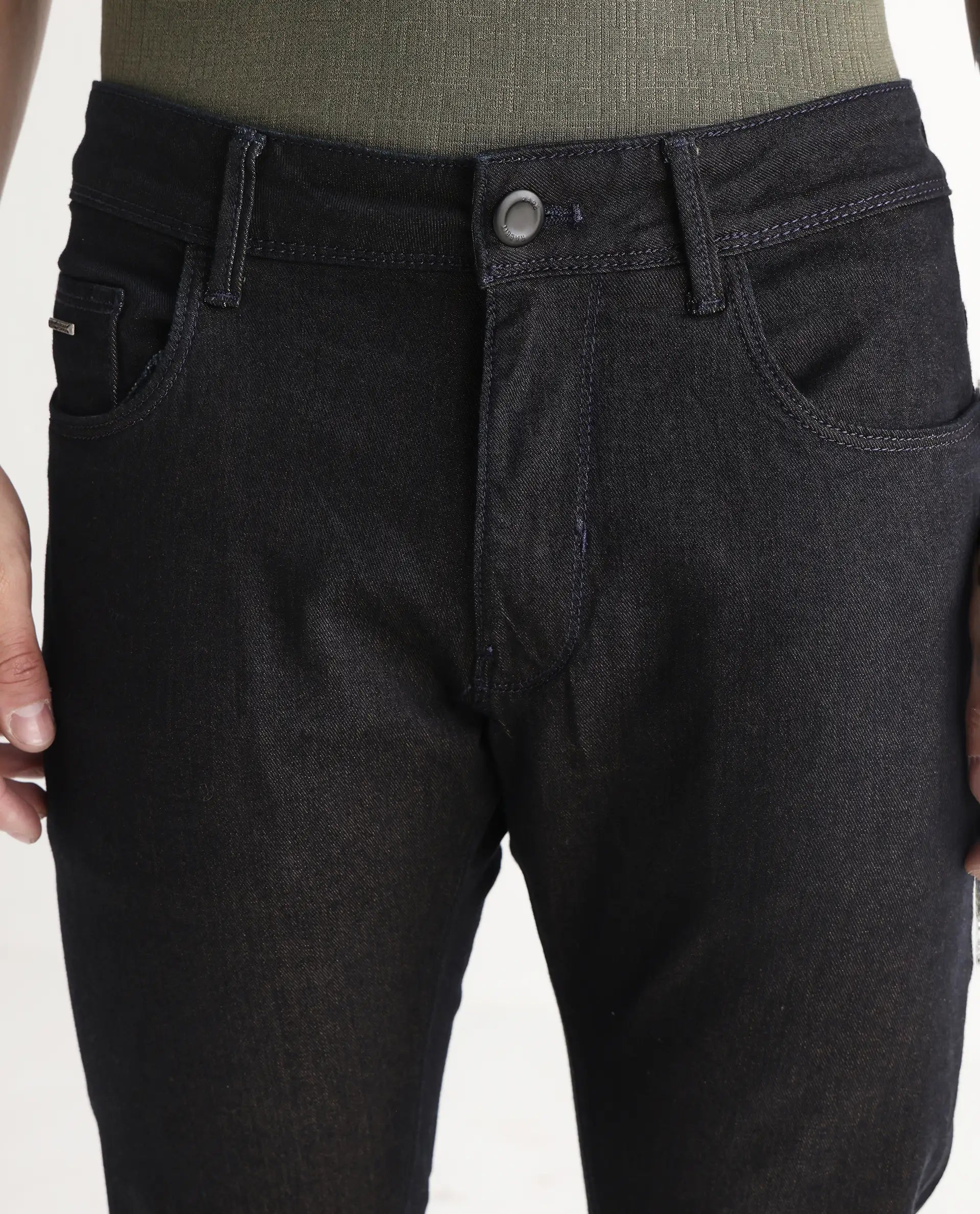 Rare Rabbit Men's Leige Blue Cotton Plain Hawk Slim Fit Jeans