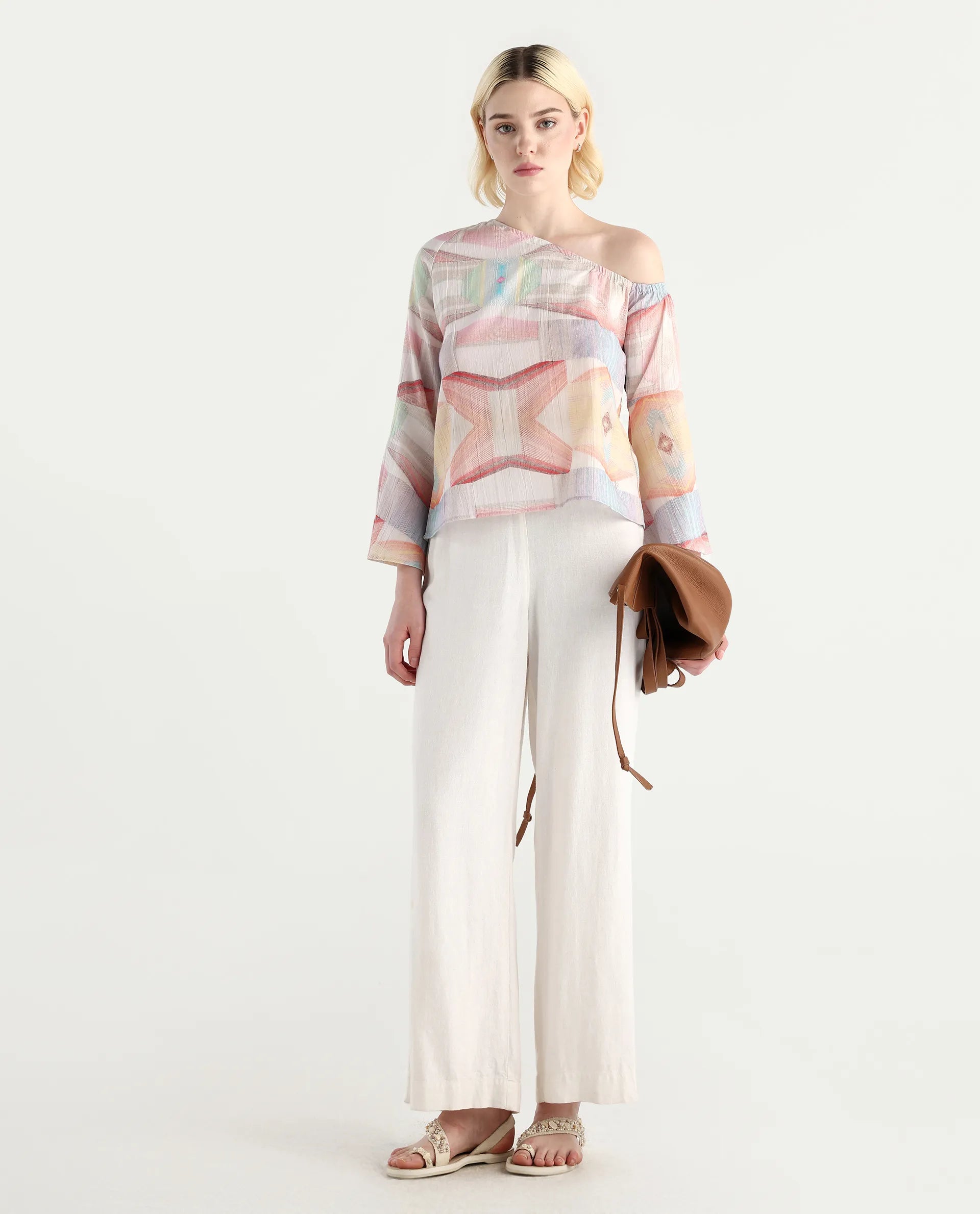 Rareism Women's Leightono Sc Dusky Multi Cotton Blend One Shoulder Abstract Print Raglan Sleeve Regular Fit Top