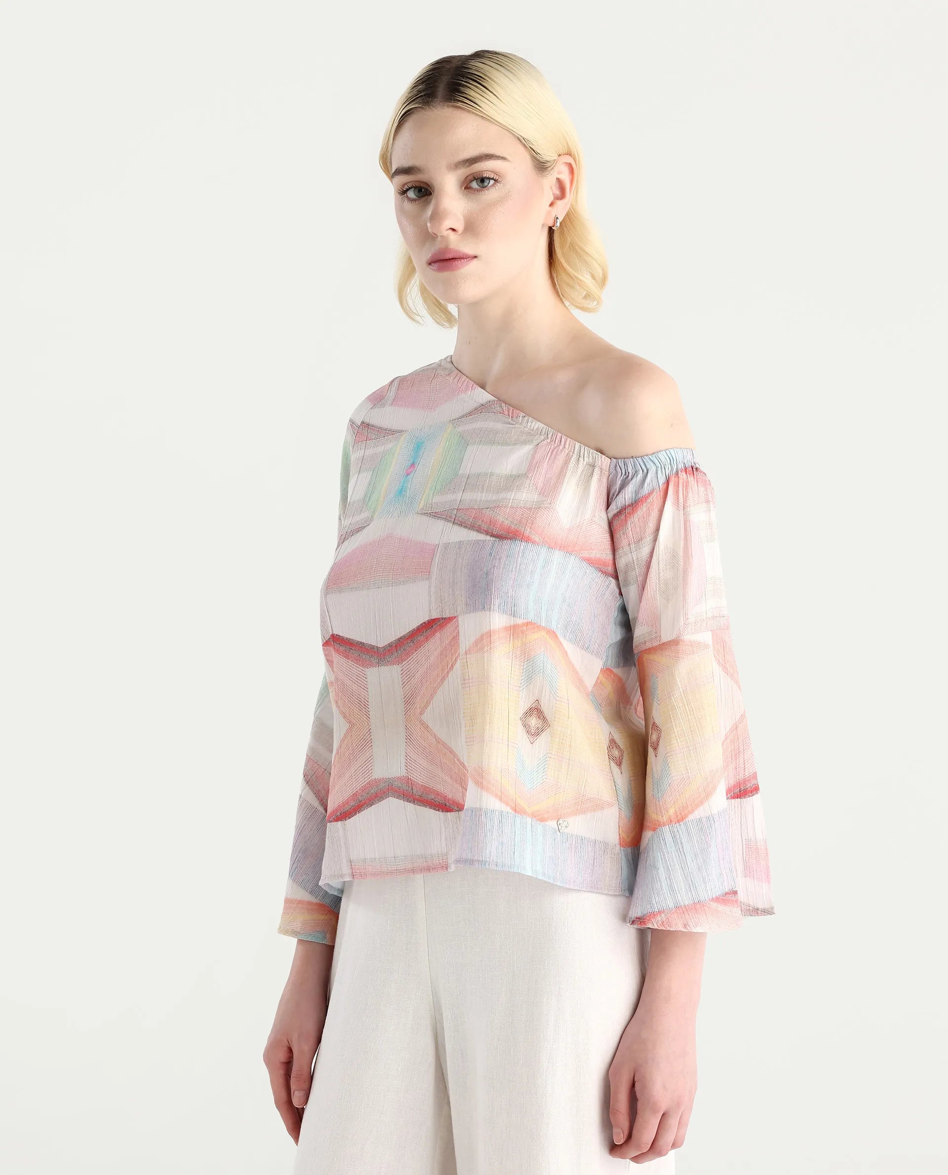 Rareism Women's Leightono Sc Dusky Multi Cotton Blend One Shoulder Abstract Print Raglan Sleeve Regular Fit Top