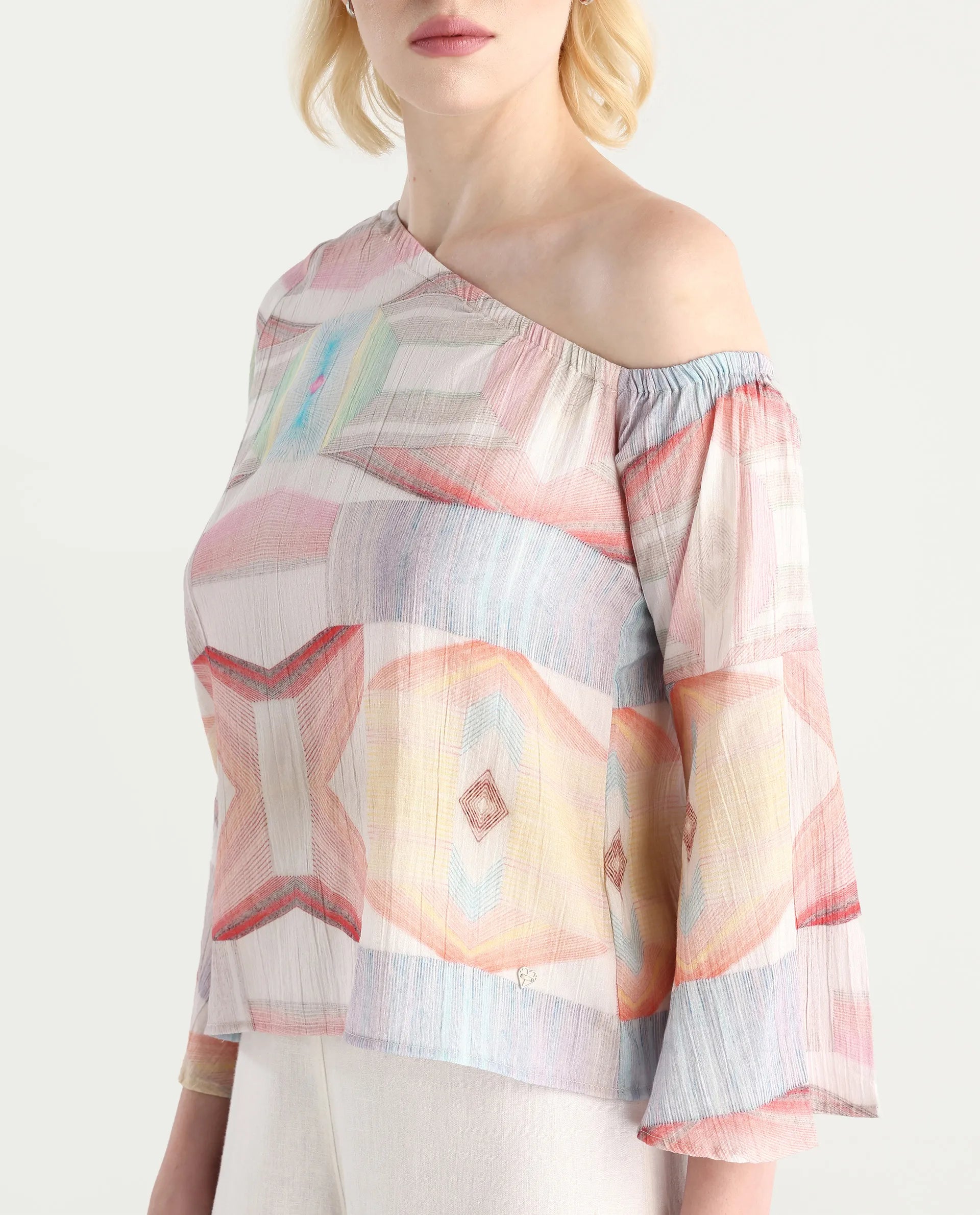 Rareism Women's Leightono Sc Dusky Multi Cotton Blend One Shoulder Abstract Print Raglan Sleeve Regular Fit Top
