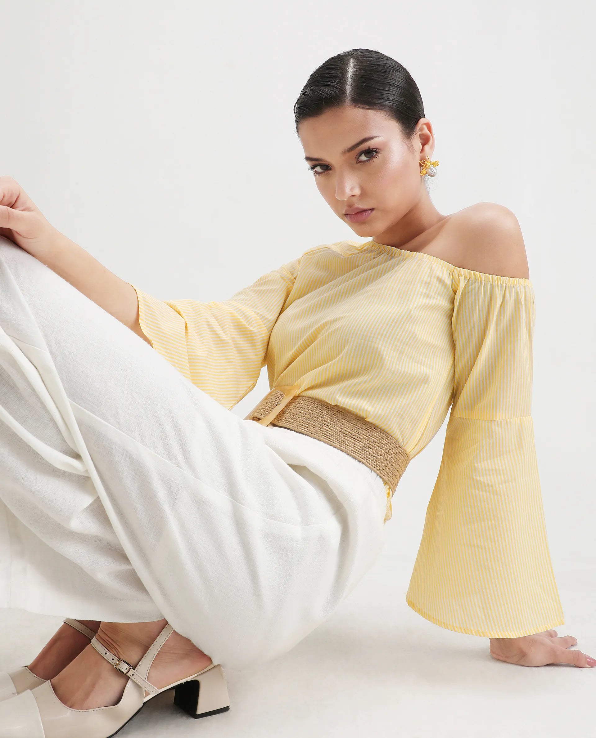 Rareism Women's Leighton Pastel Yellow Cotton One Shoulder Striped Raglan Sleeve Regular Fit Top