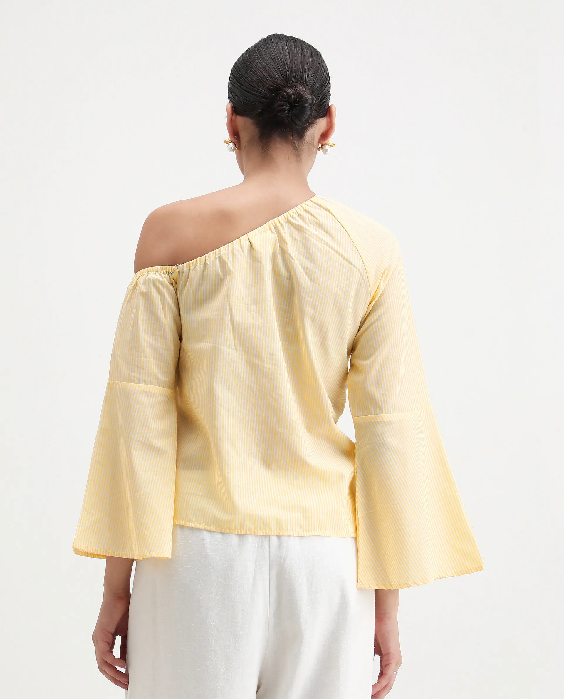 Rareism Women's Leighton Pastel Yellow Cotton One Shoulder Striped Raglan Sleeve Regular Fit Top