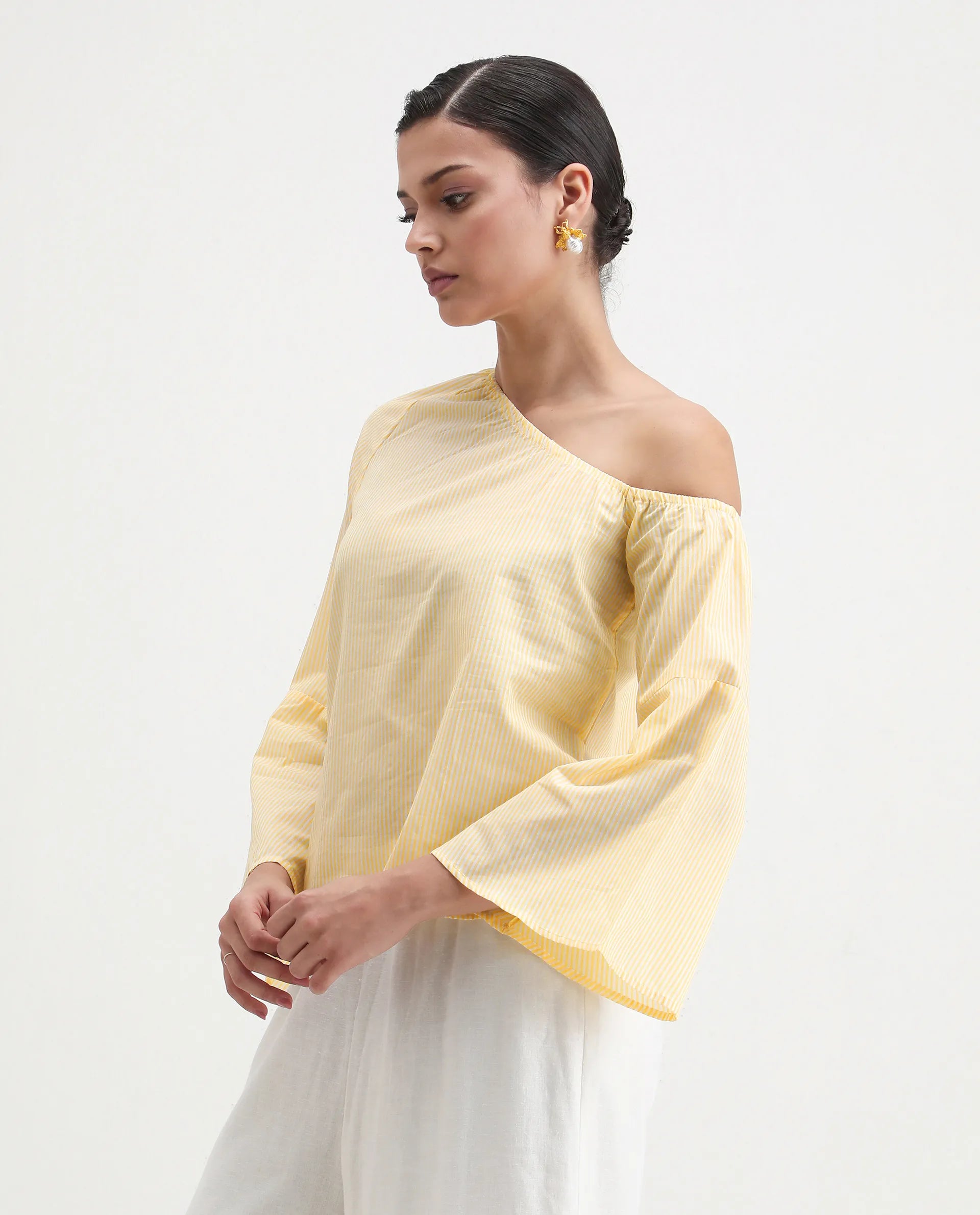 Rareism Women's Leighton Pastel Yellow Cotton One Shoulder Striped Raglan Sleeve Regular Fit Top