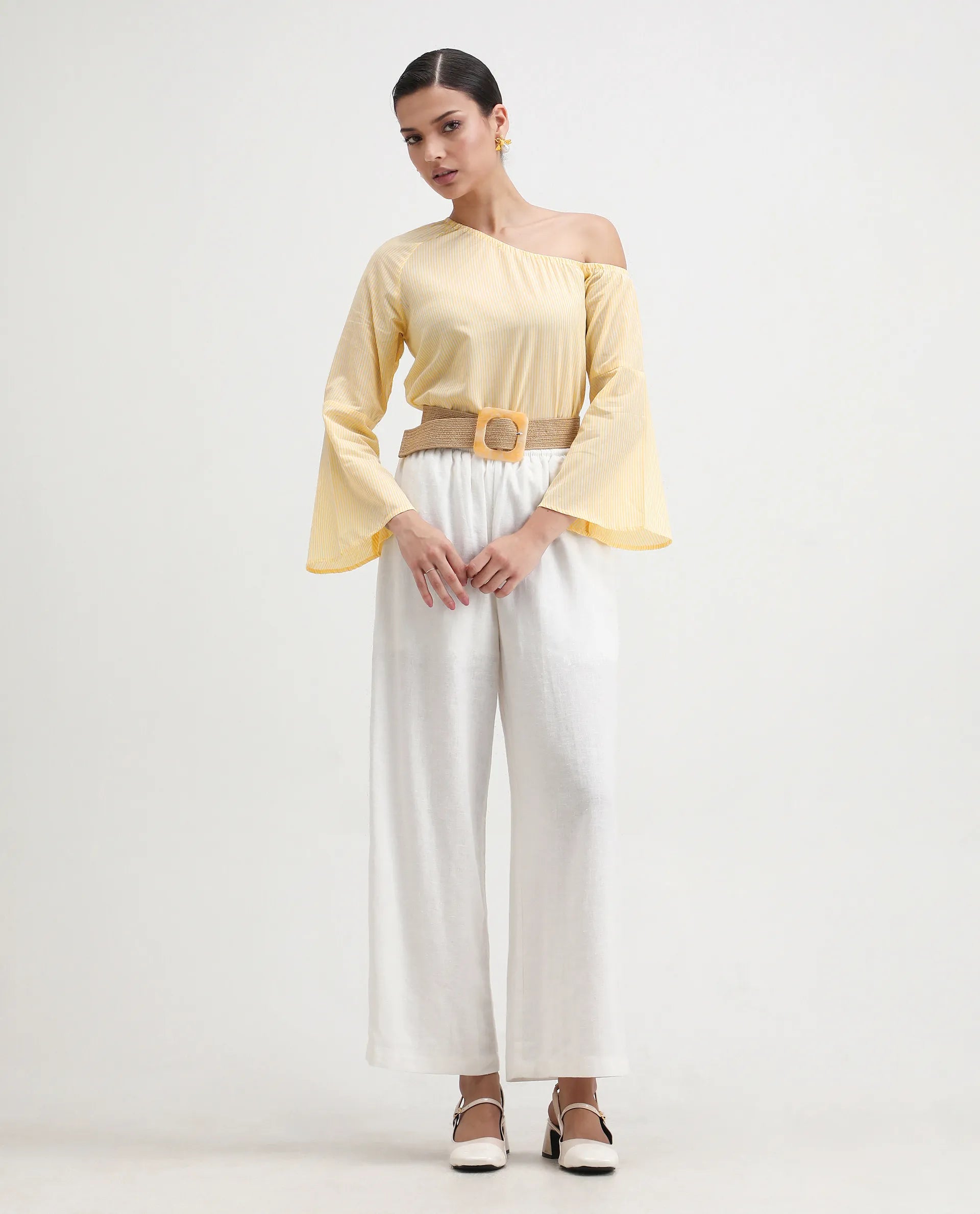 Rareism Women's Leighton Pastel Yellow Cotton One Shoulder Striped Raglan Sleeve Regular Fit Top