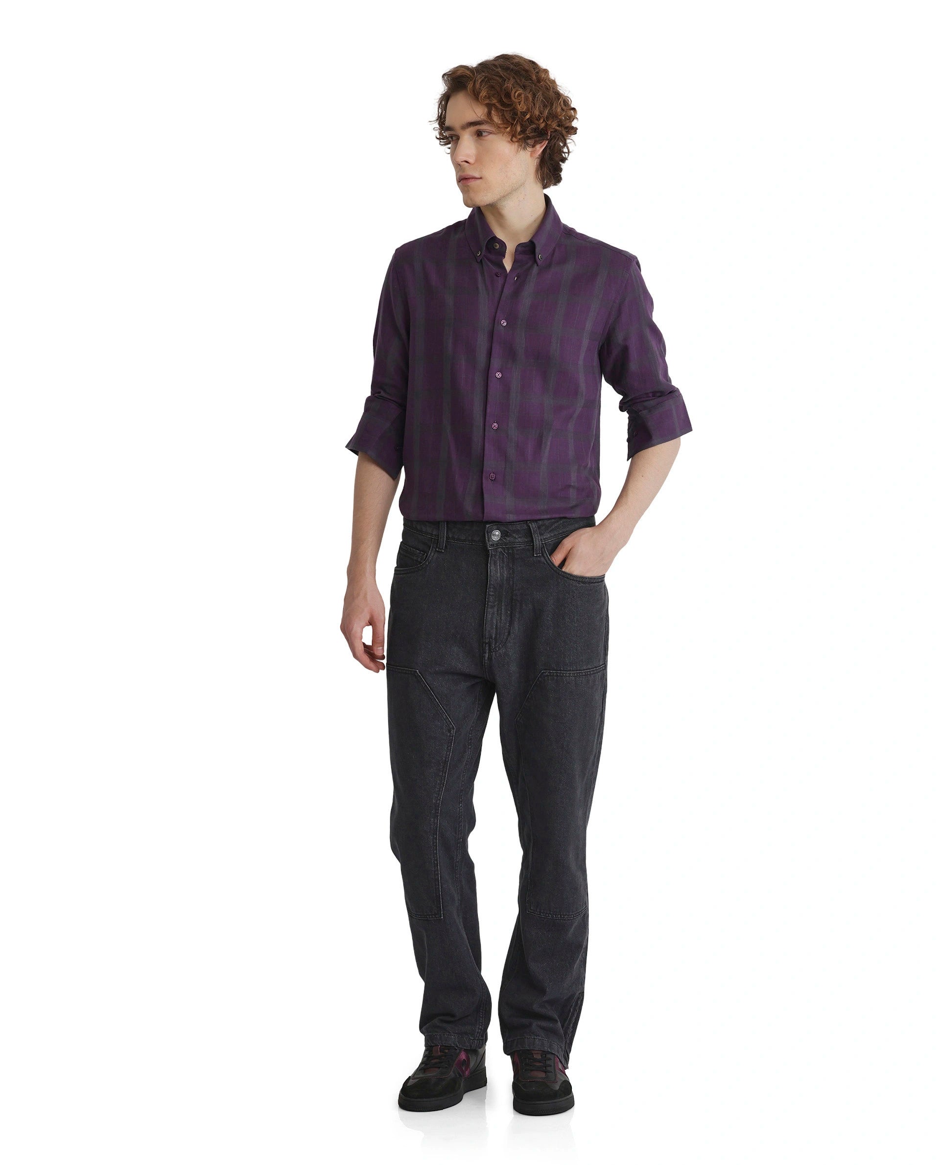 Rare Rabbit Men Leip Purple Cotton Fabric Full Sleeve Regular Fit Checks Shirt