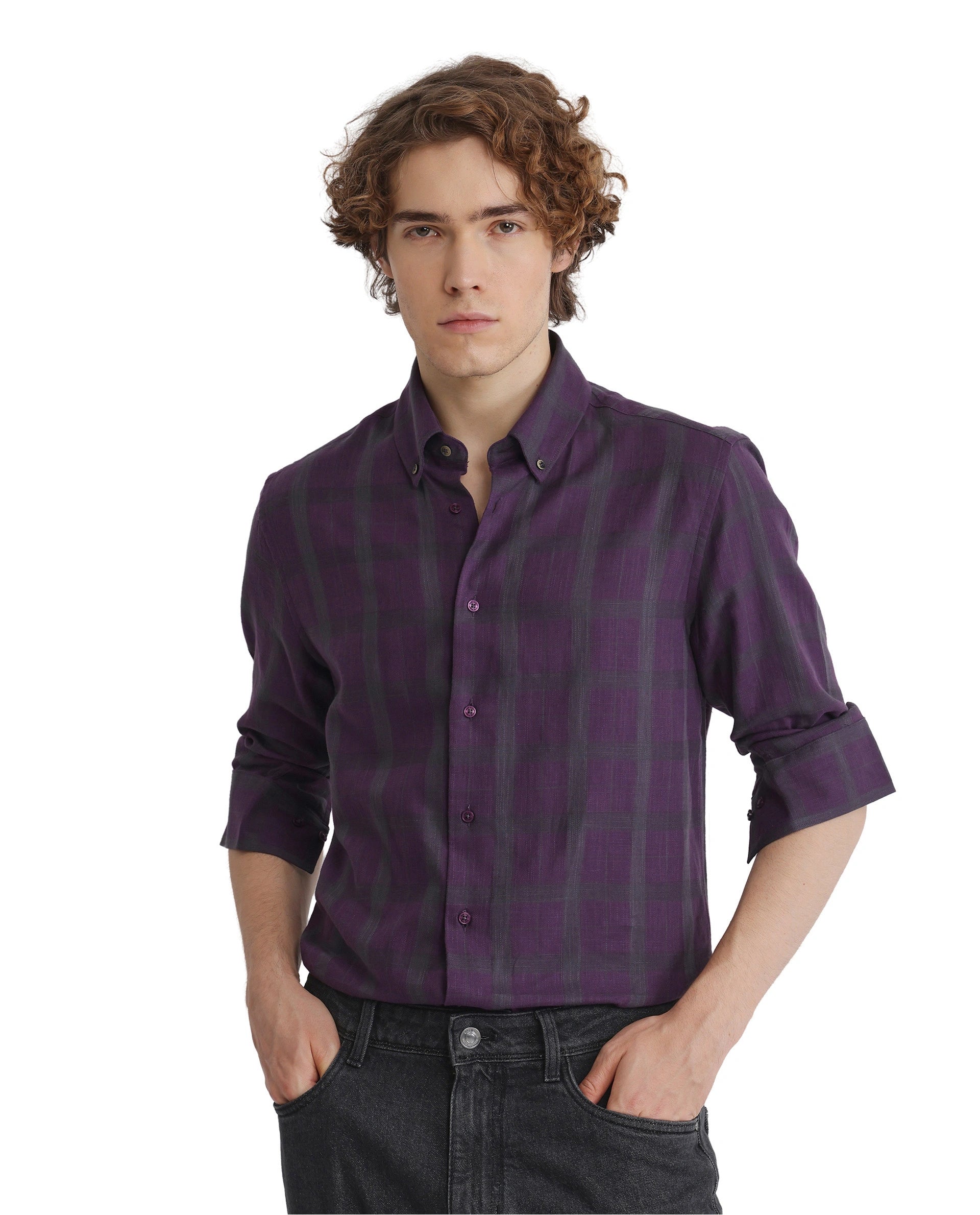 Rare Rabbit Men Leip Purple Cotton Fabric Full Sleeve Regular Fit Checks Shirt