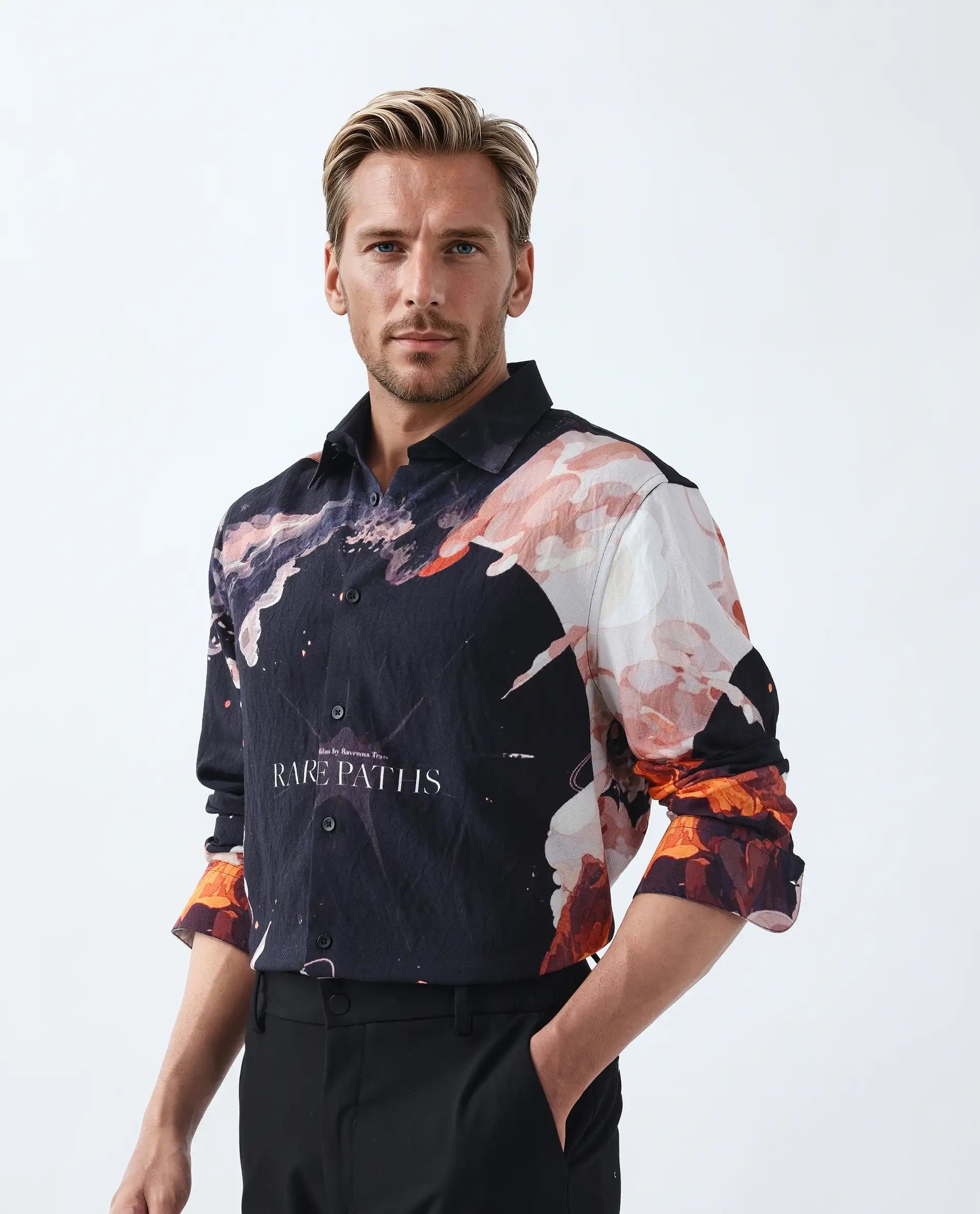 Rare Rabbit Men's Leko Black Viscose Art Deco Print Regular Fit Full Sleeve Collared Shirt