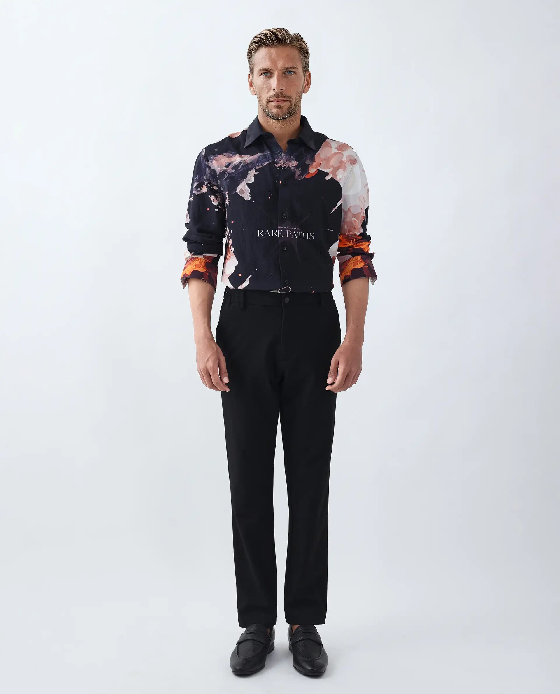 Rare Rabbit Men's Leko Black Viscose Art Deco Print Regular Fit Full Sleeve Collared Shirt