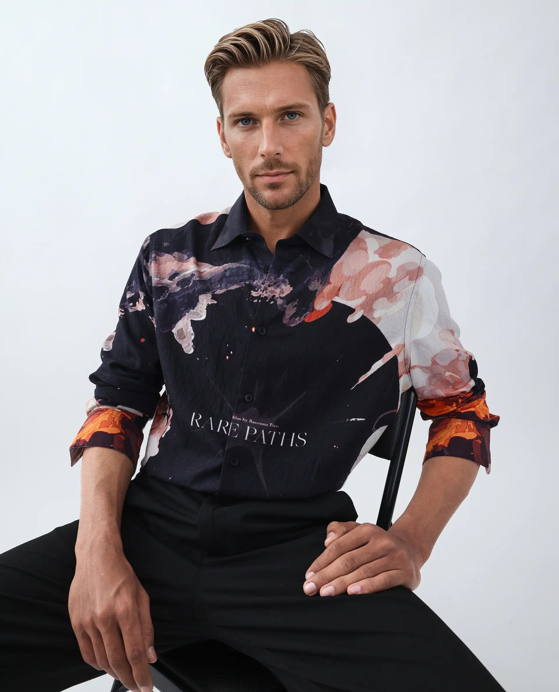 Rare Rabbit Men's Leko Black Viscose Art Deco Print Regular Fit Full Sleeve Collared Shirt