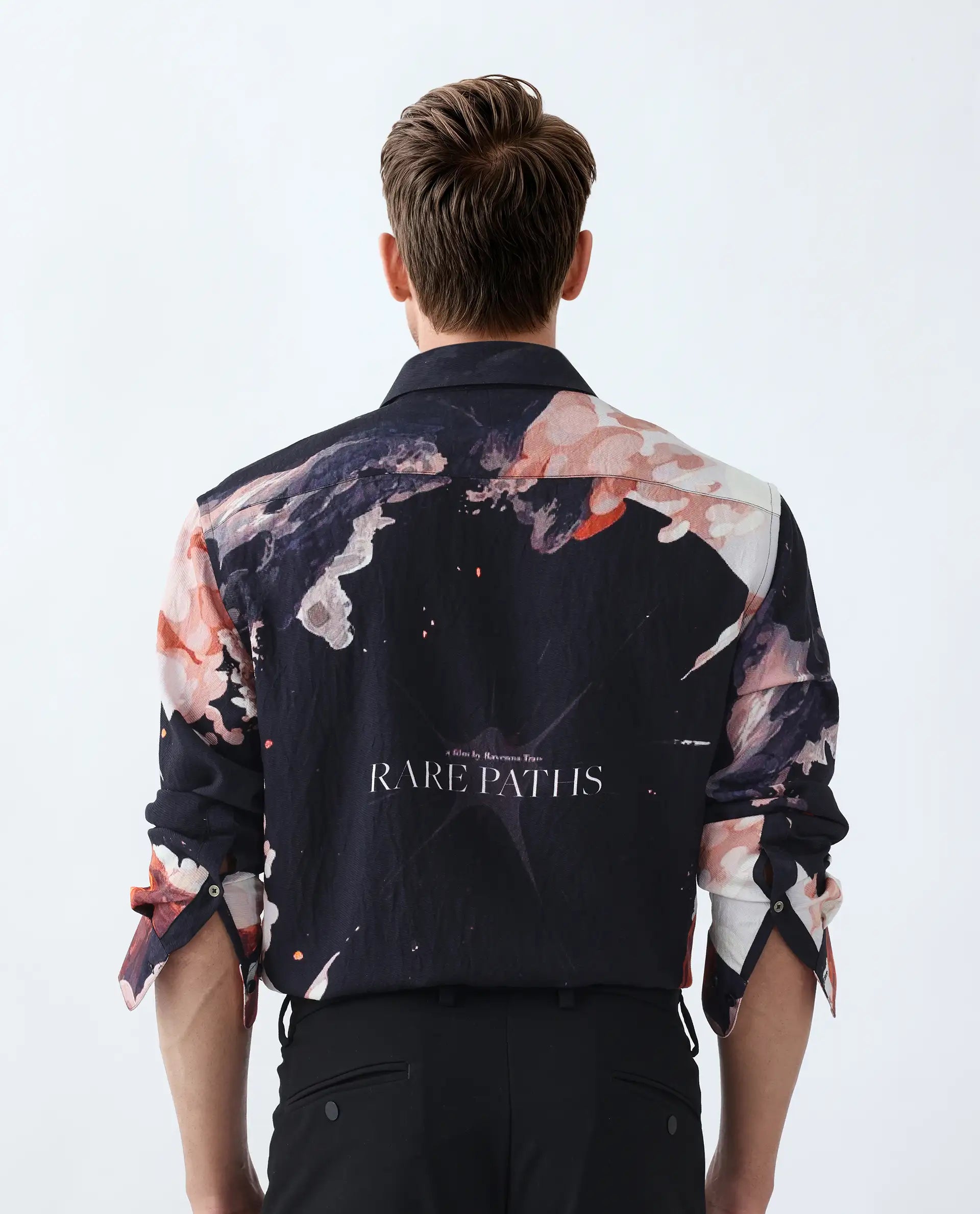 Rare Rabbit Men's Leko Black Viscose Art Deco Print Regular Fit Full Sleeve Collared Shirt