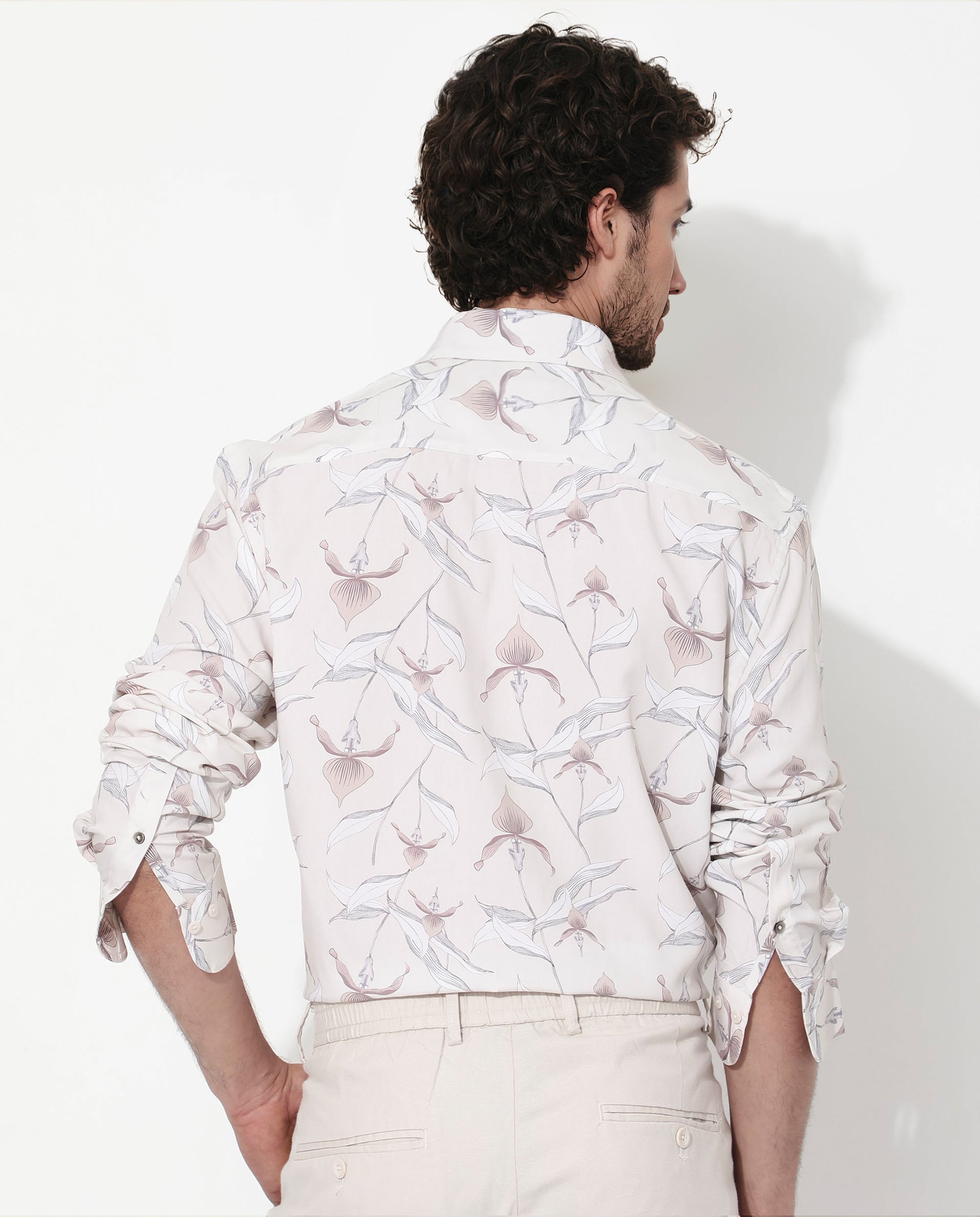 Rare Rabbit Men's Len Beige Cotton Fabric Full Sleeve Regular Collar Floral Print Shirt