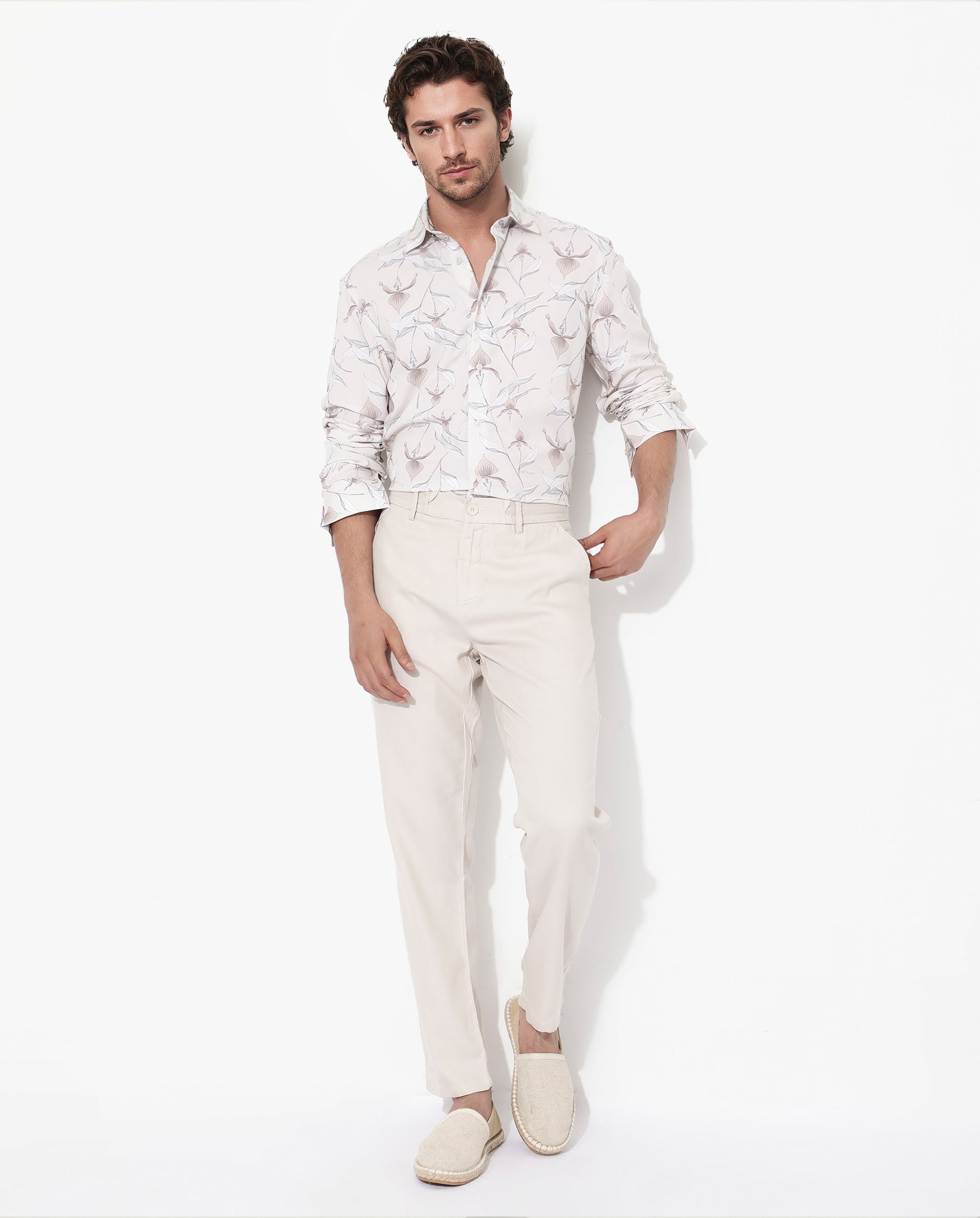 Rare Rabbit Men's Len Beige Cotton Fabric Full Sleeve Regular Collar Floral Print Shirt