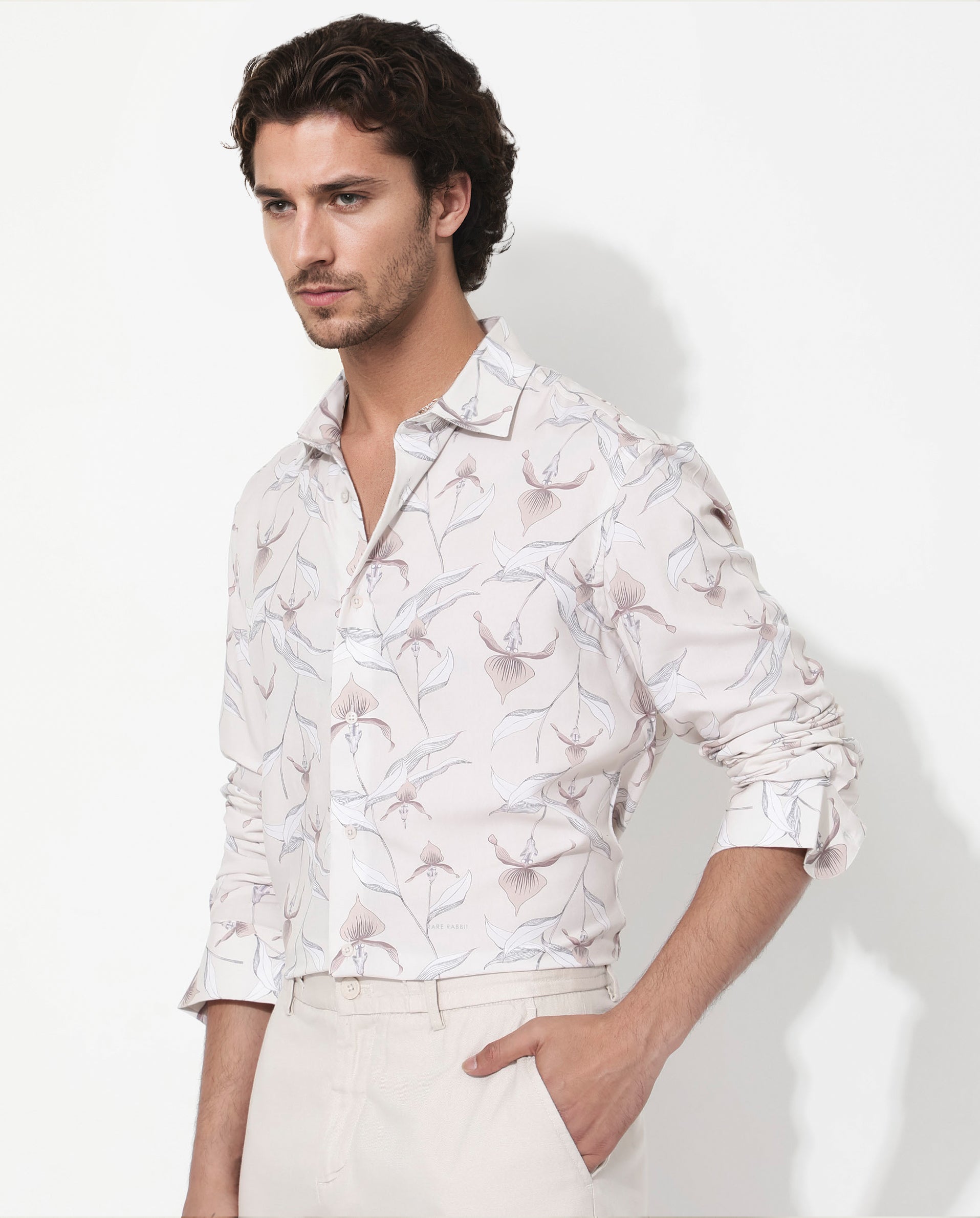 Rare Rabbit Men's Len Beige Cotton Fabric Full Sleeve Regular Collar Floral Print Shirt