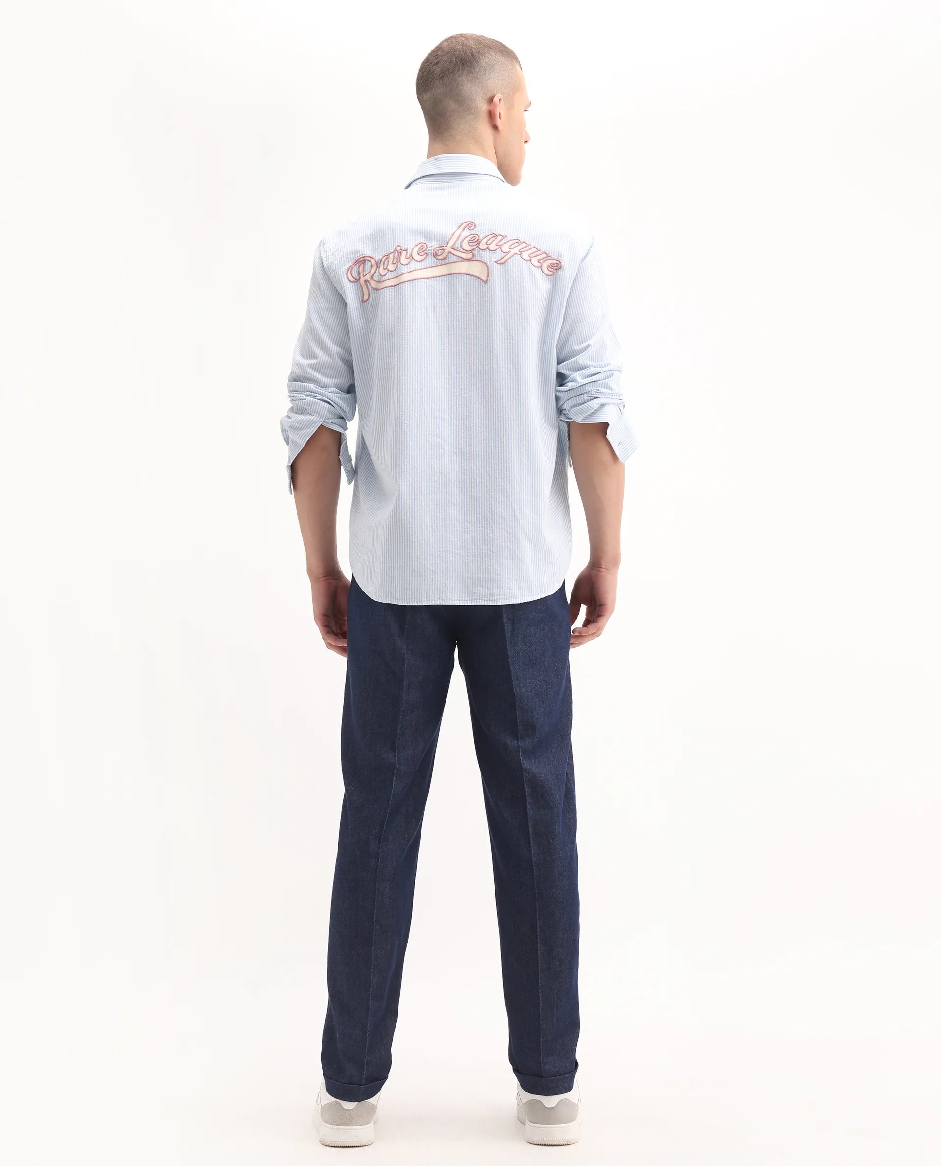 Rare Rabbit Men's Leni Blue Cotton Blend Plain Baggy Fit Trouser