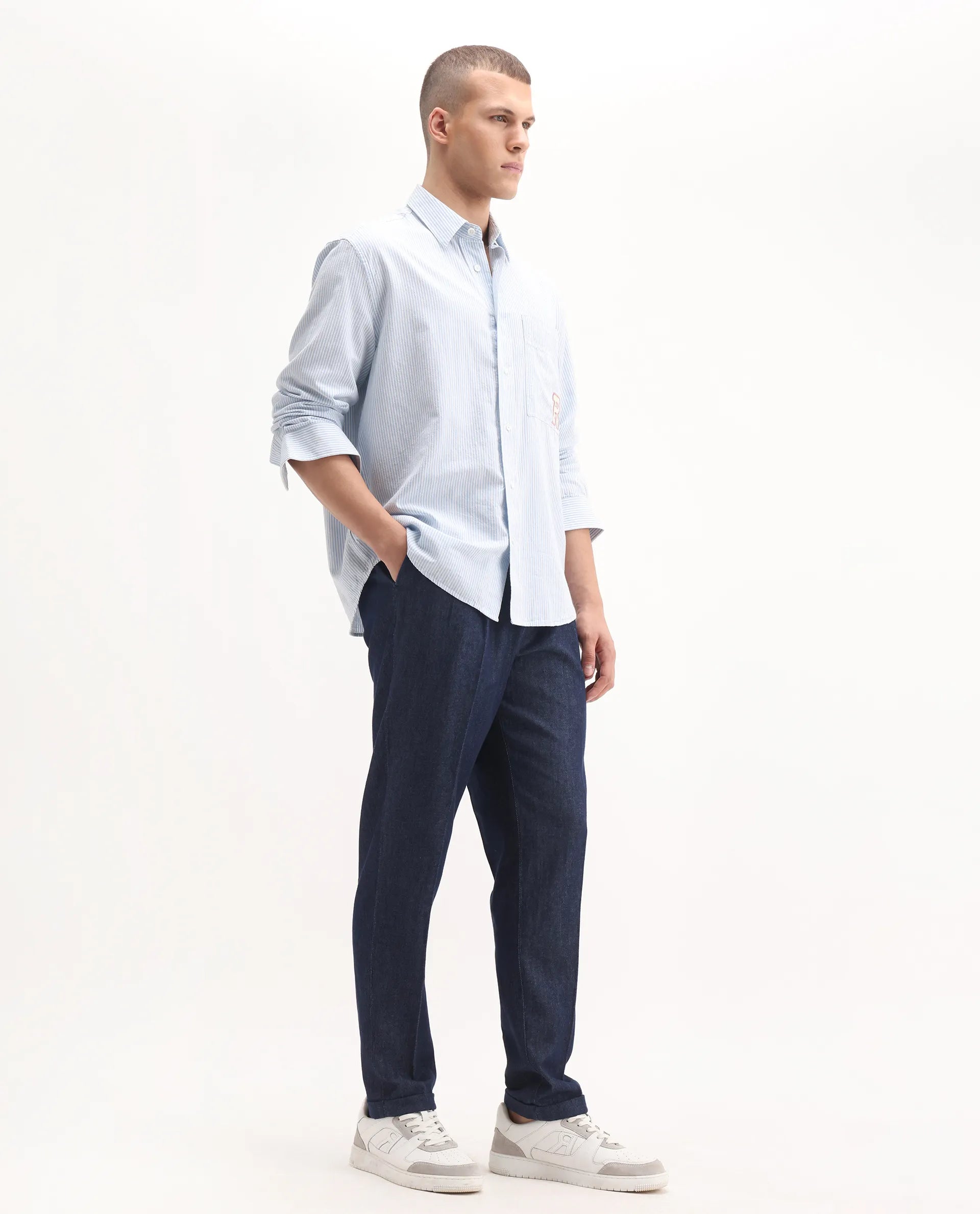 Rare Rabbit Men's Leni Blue Cotton Blend Plain Baggy Fit Trouser