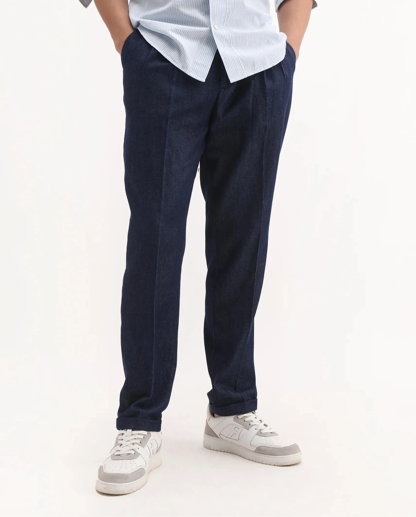 Rare Rabbit Men's Leni Blue Cotton Blend Plain Baggy Fit Gurkha Trouser